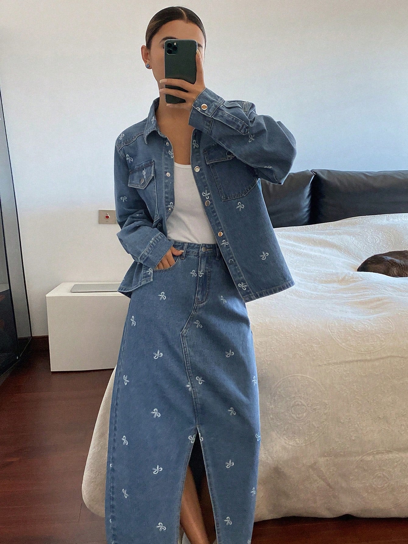 CM-SS301961 Women Casual Seoul Style Medium Wash Bow Print Lapel Loose Denim Jacket With Long Skirt - Set