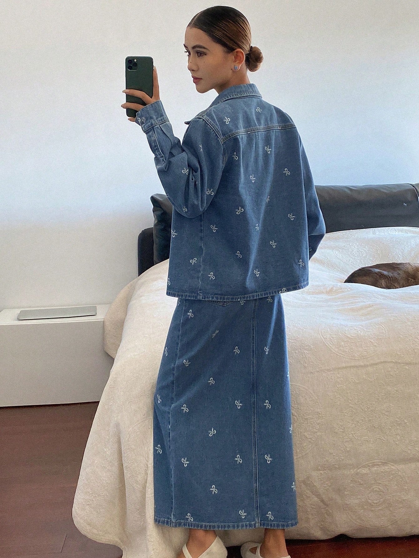 CM-SS301961 Women Casual Seoul Style Medium Wash Bow Print Lapel Loose Denim Jacket With Long Skirt - Set