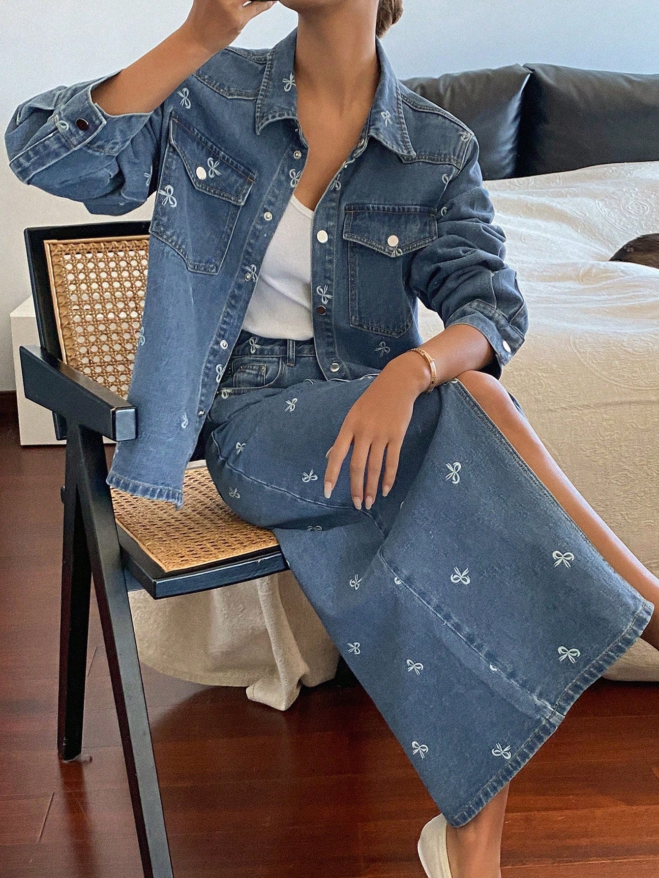 CM-SS301961 Women Casual Seoul Style Medium Wash Bow Print Lapel Loose Denim Jacket With Long Skirt - Set