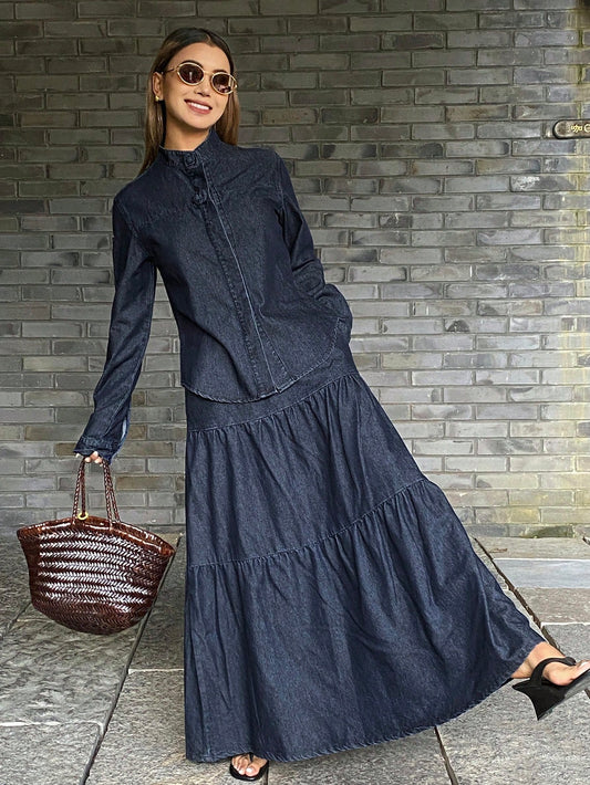 CM-SS208501 Women Casual Seoul Style Solid Color Fitted Stand Collar Long Sleeve 3D Floral Denim Shirt With Skirt - Set