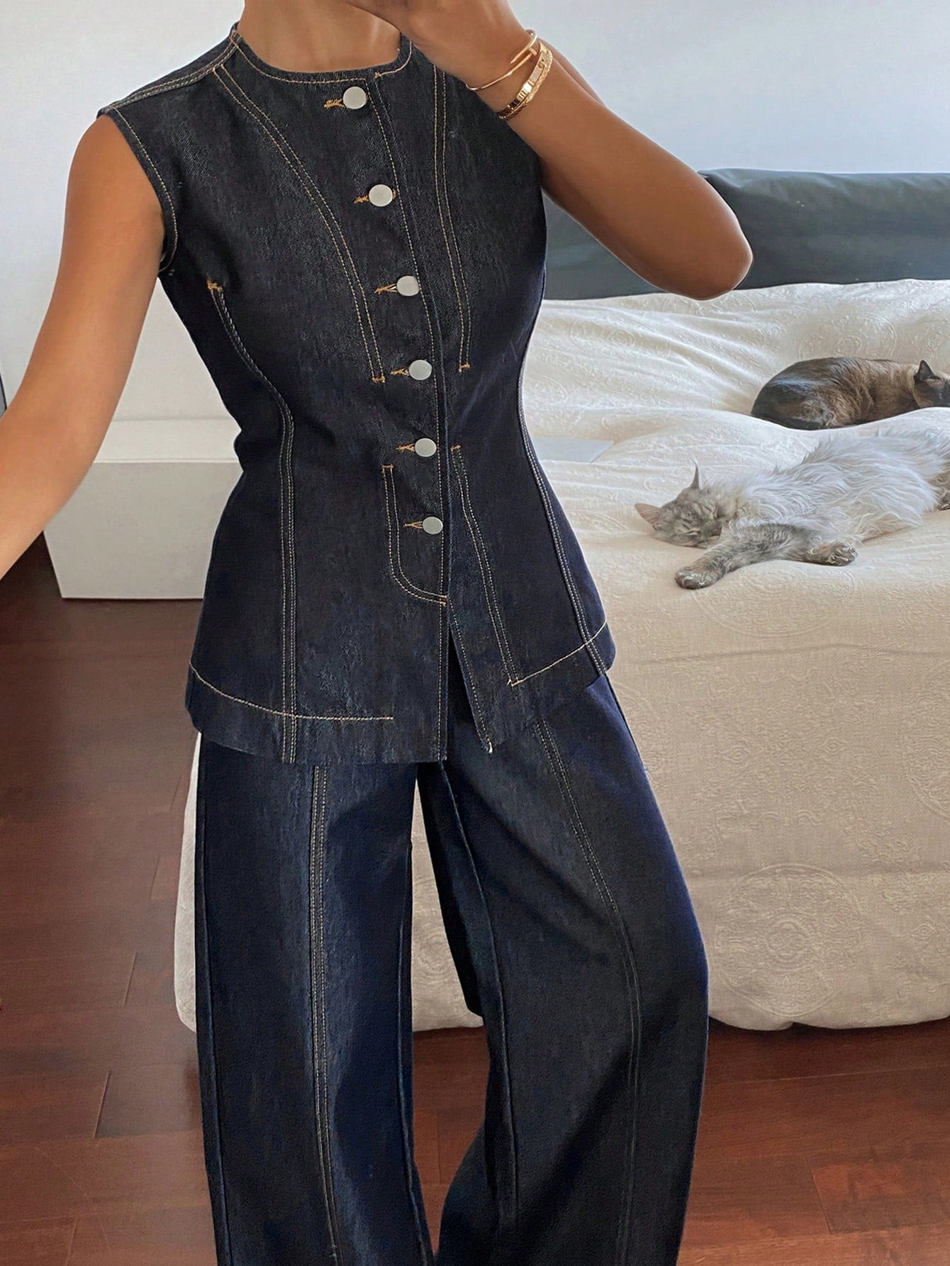 CM-SS206769 Women Casual Seoul Style Round Neck Sleeveless Denim Top With Pants - Set