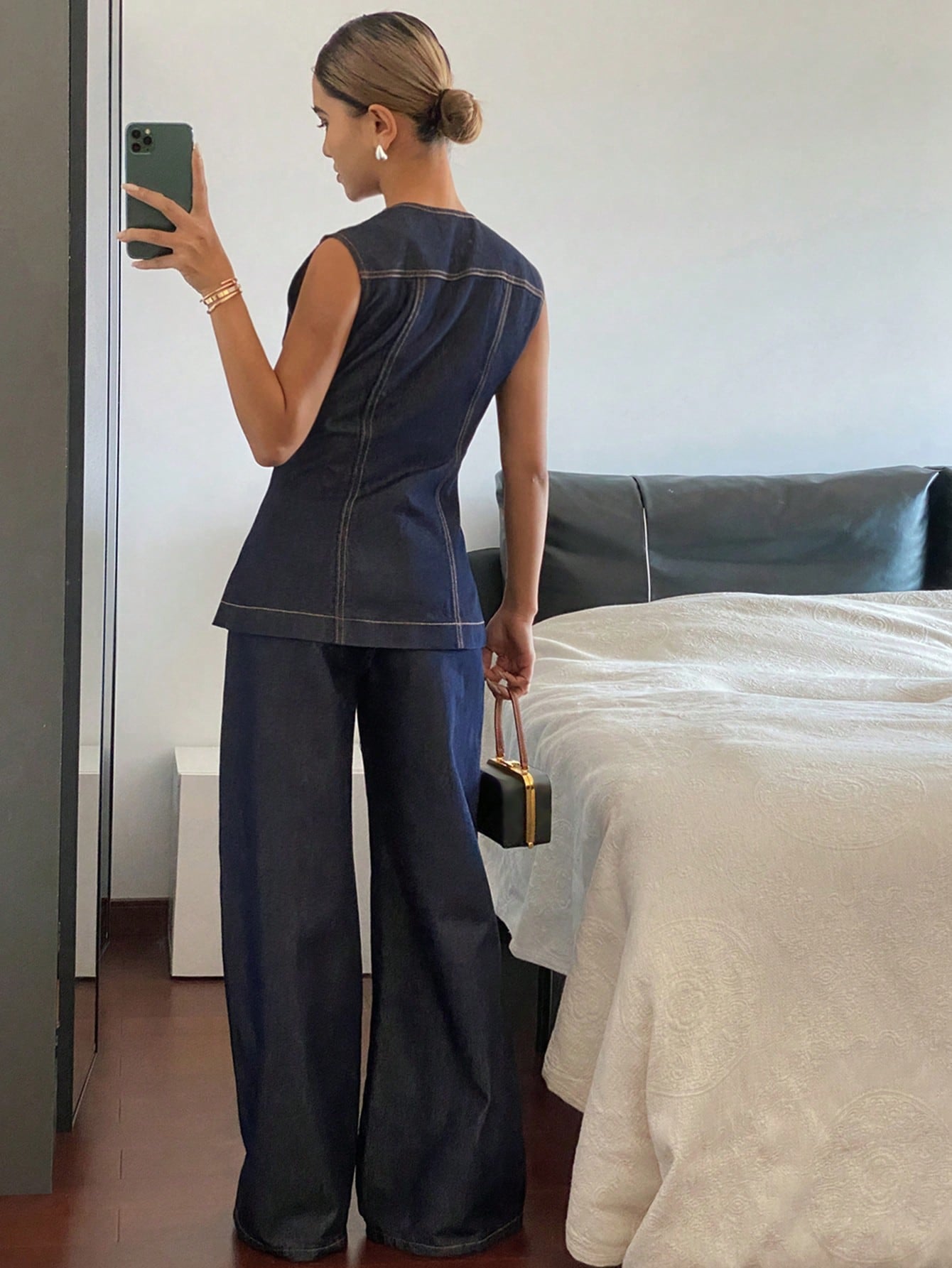 CM-SS206769 Women Casual Seoul Style Round Neck Sleeveless Denim Top With Pants - Set