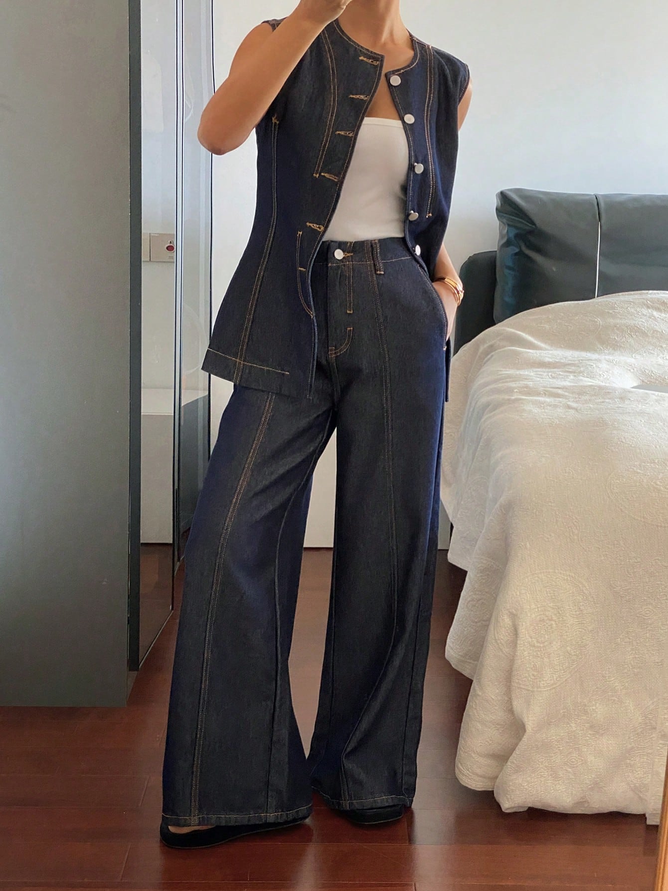 CM-SS206769 Women Casual Seoul Style Round Neck Sleeveless Denim Top With Pants - Set