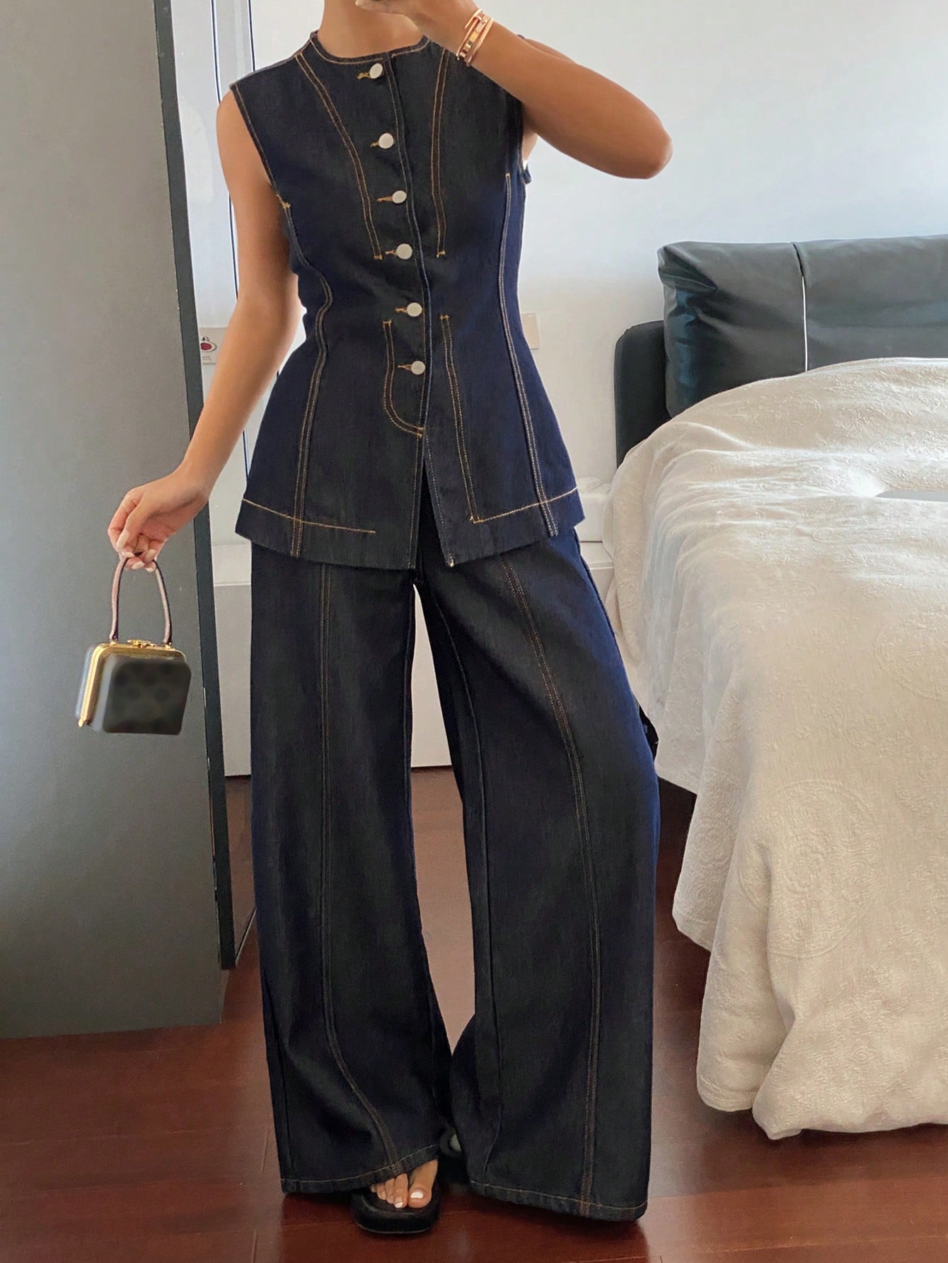 CM-SS206769 Women Casual Seoul Style Round Neck Sleeveless Denim Top With Pants - Set