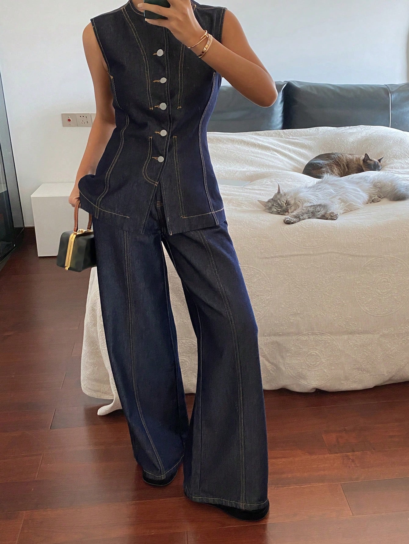 CM-SS206769 Women Casual Seoul Style Round Neck Sleeveless Denim Top With Pants - Set