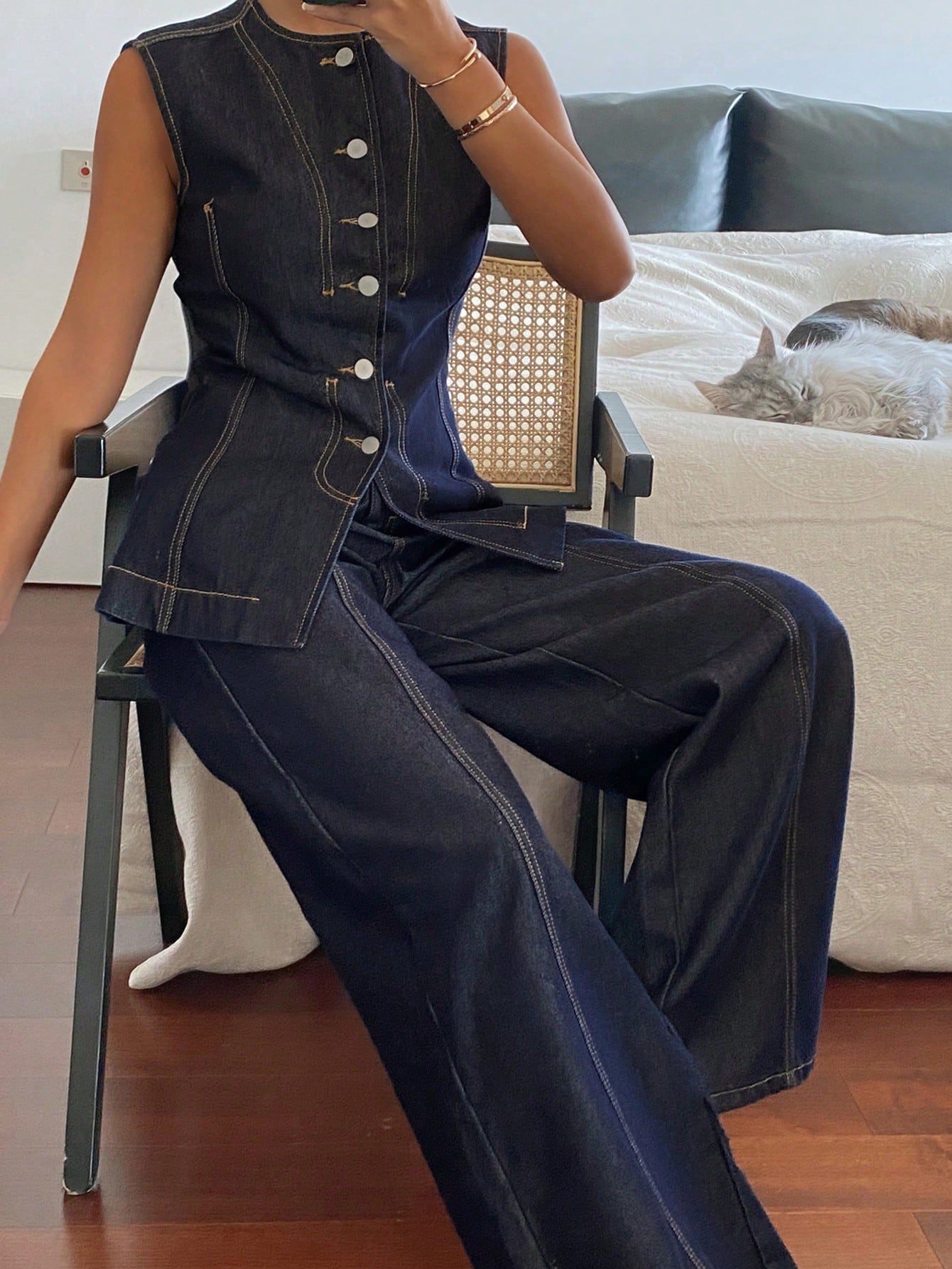 CM-SS206769 Women Casual Seoul Style Round Neck Sleeveless Denim Top With Pants - Set