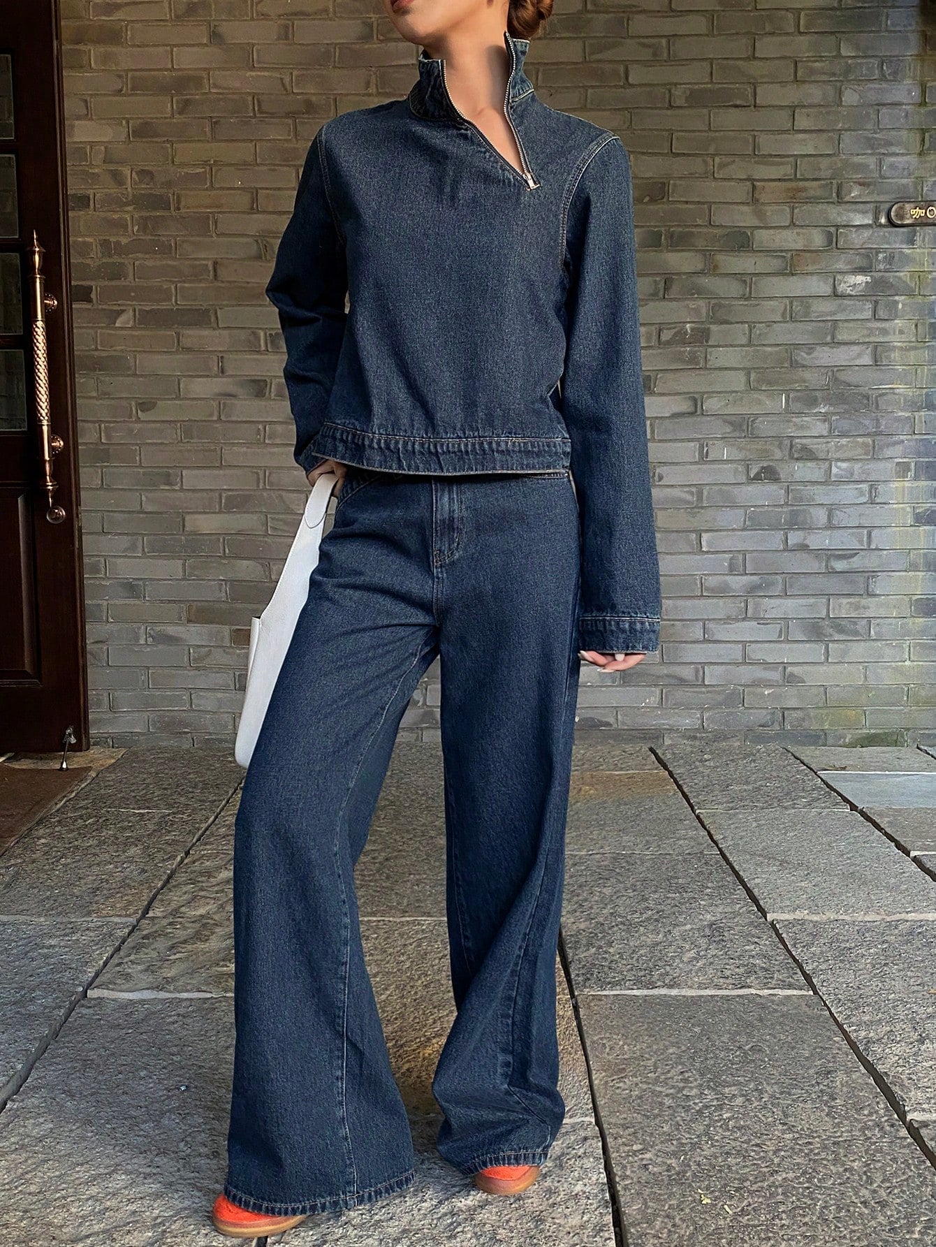 CM-SS781885 Women Casual seoul Style Collared Long Sleeve Denim Top With Straight Leg Pants - Set