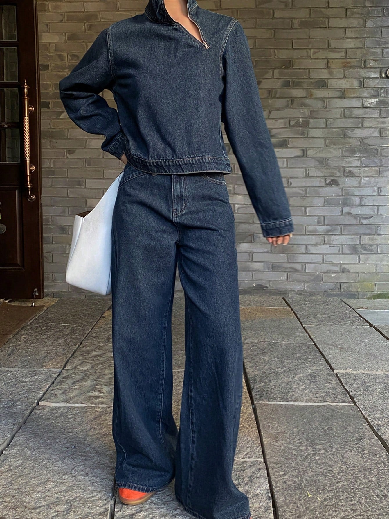 CM-SS781885 Women Casual seoul Style Collared Long Sleeve Denim Top With Straight Leg Pants - Set