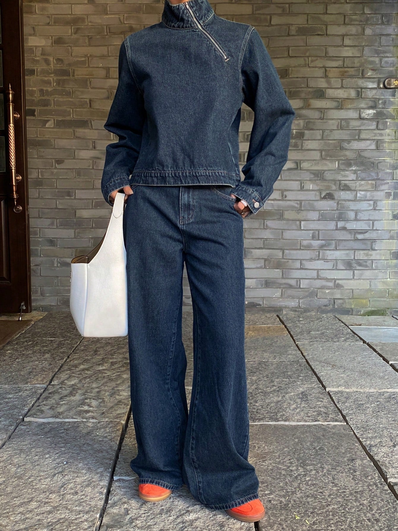 CM-SS781885 Women Casual seoul Style Collared Long Sleeve Denim Top With Straight Leg Pants - Set