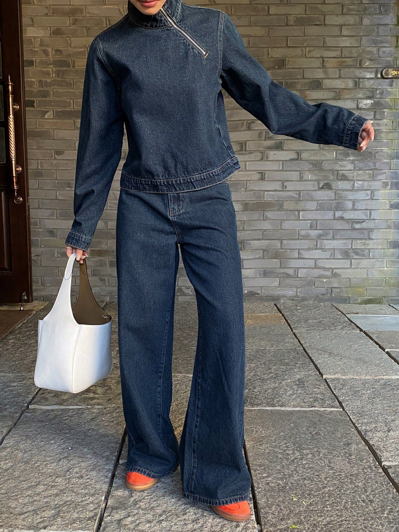 CM-SS781885 Women Casual seoul Style Collared Long Sleeve Denim Top With Straight Leg Pants - Set