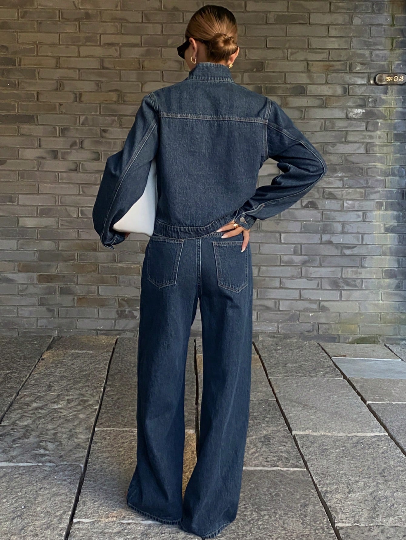 CM-SS781885 Women Casual seoul Style Collared Long Sleeve Denim Top With Straight Leg Pants - Set