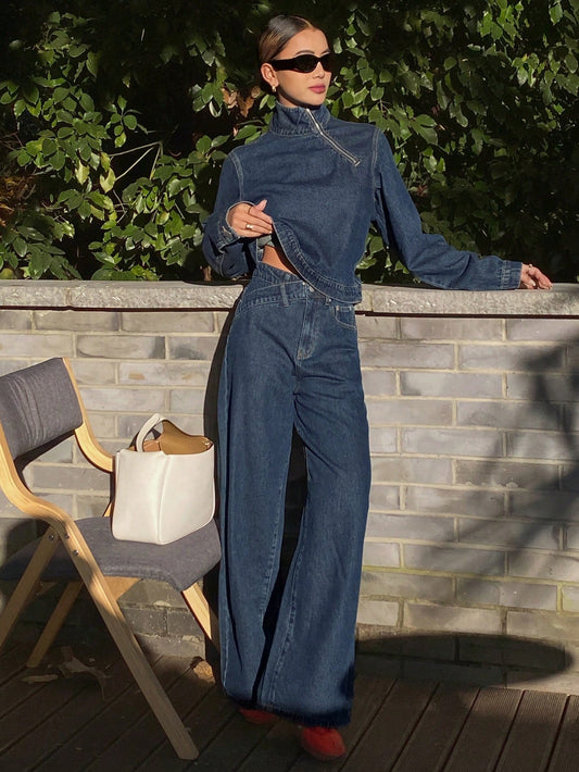 CM-SS781885 Women Casual seoul Style Collared Long Sleeve Denim Top With Straight Leg Pants - Set