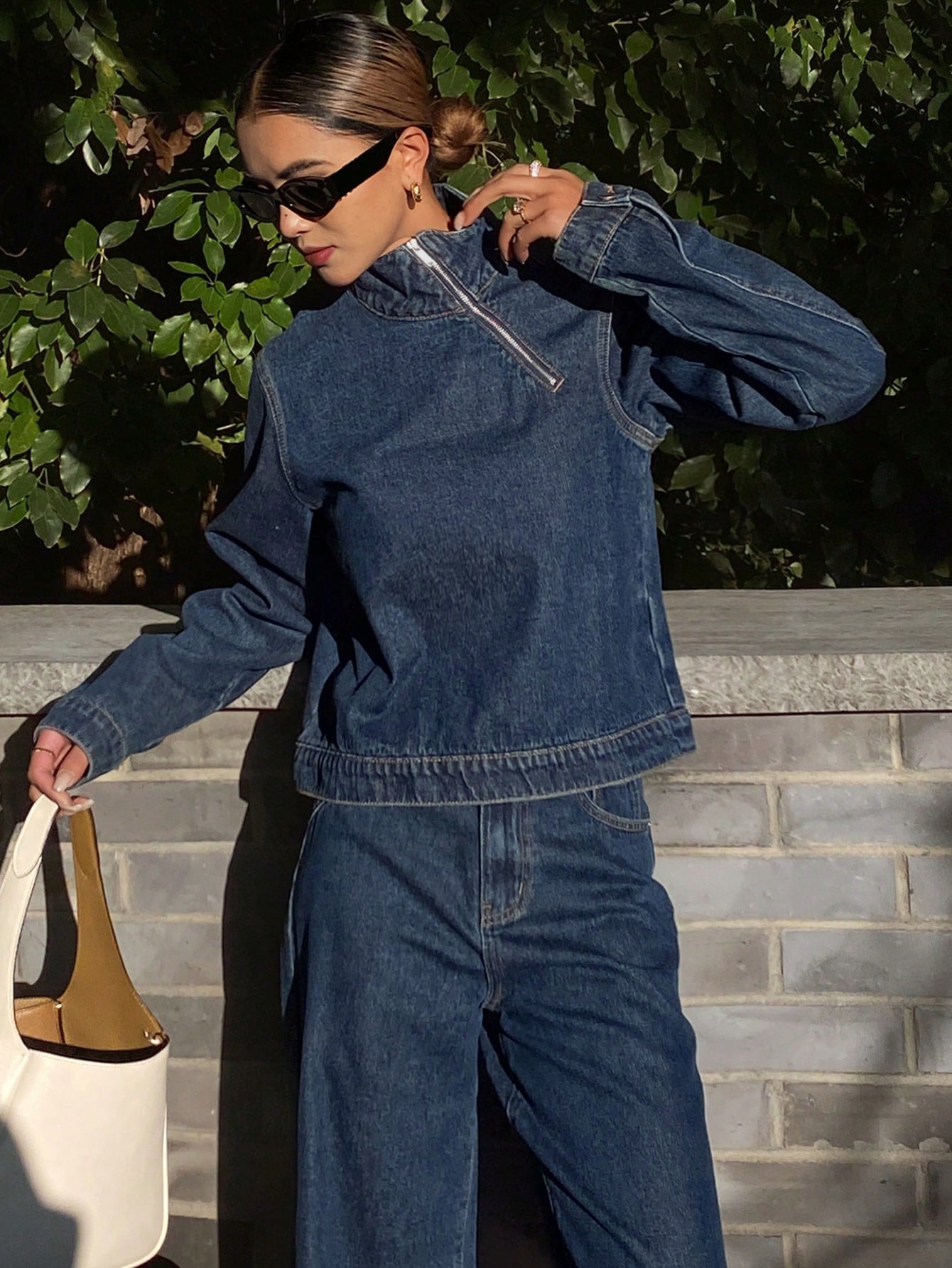 CM-SS781885 Women Casual seoul Style Collared Long Sleeve Denim Top With Straight Leg Pants - Set