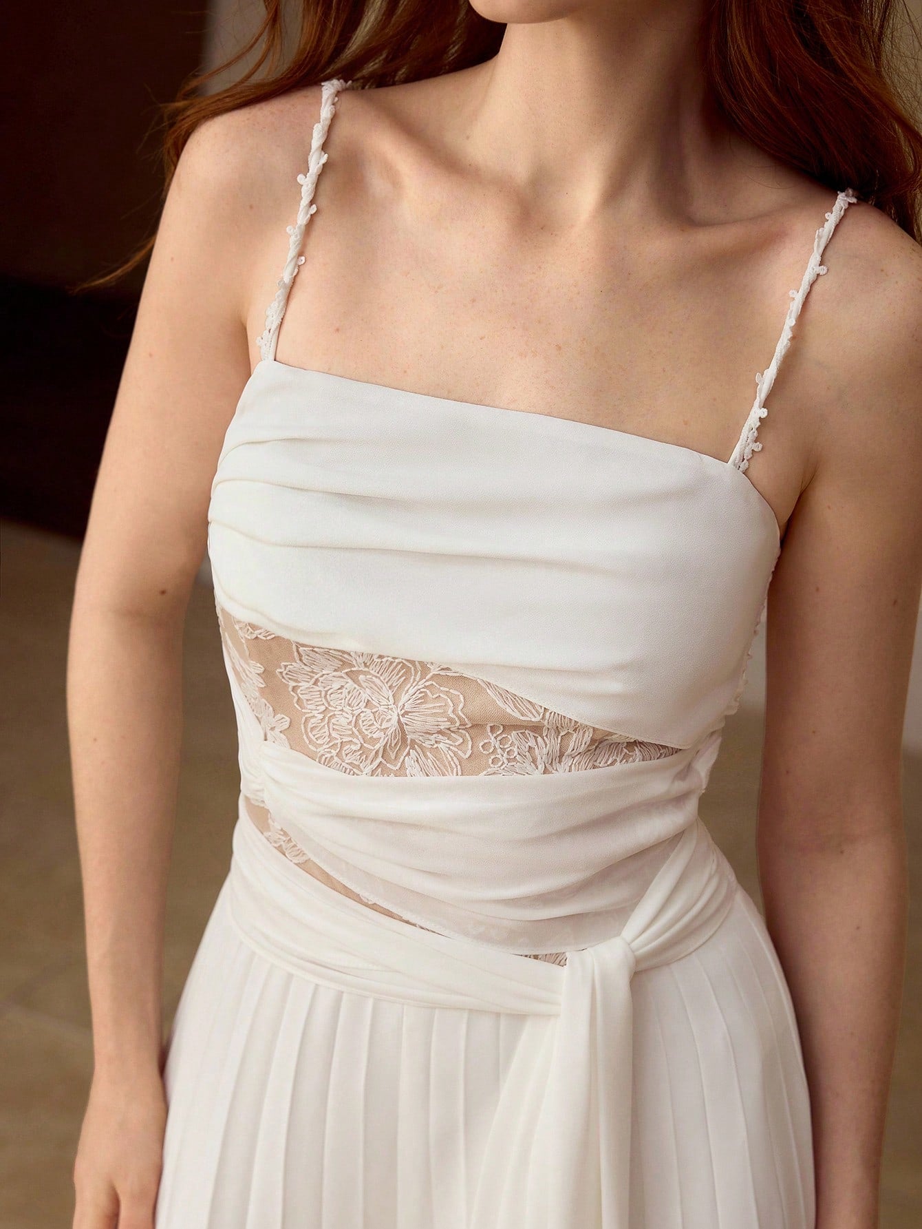 CM-JS217351 Women Elegant Seoul Style Contrats Delicate Lace Fold Pleated Flowy Tie Up Wide Leg Jumpsuit - White