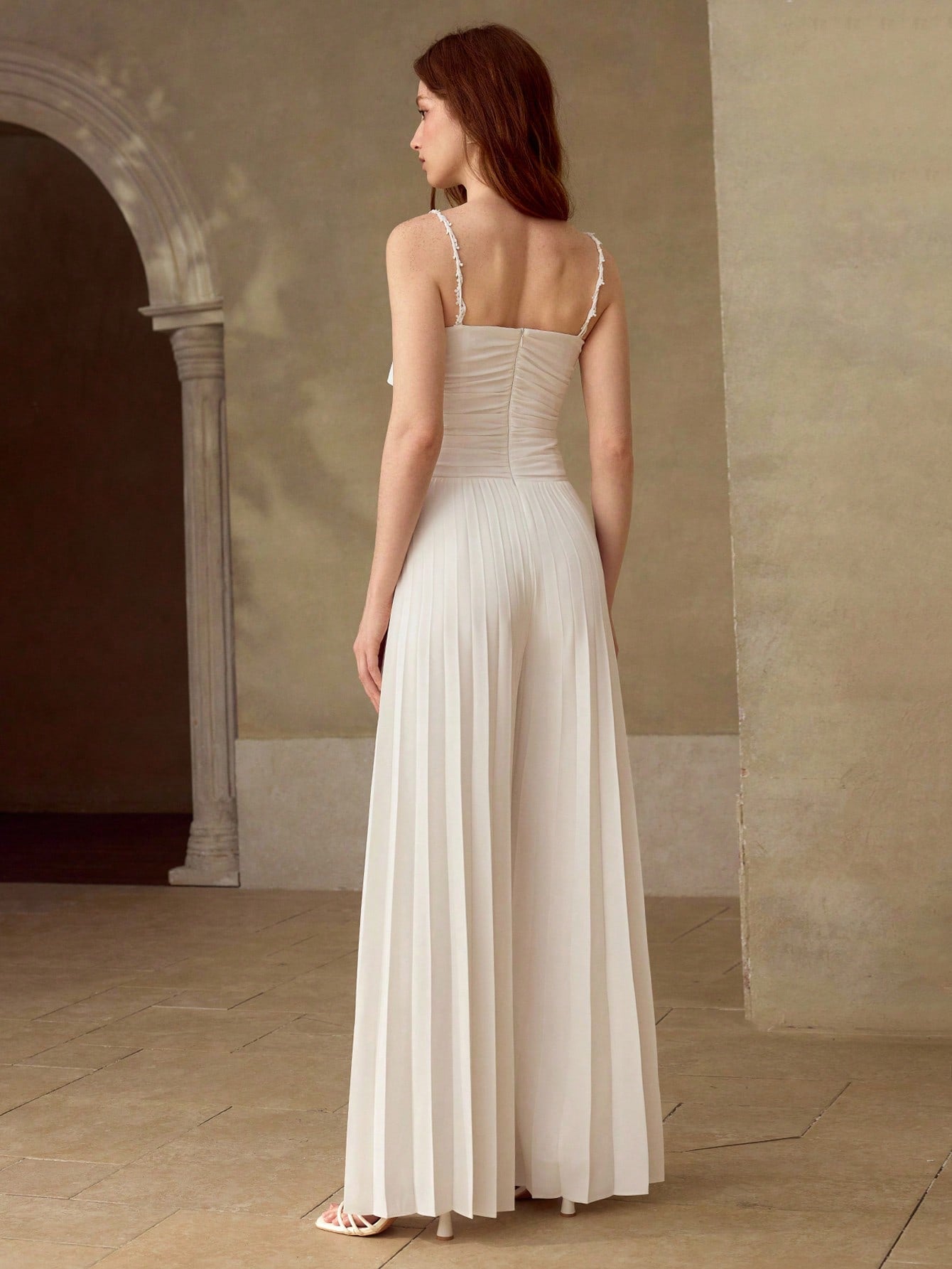 CM-JS217351 Women Elegant Seoul Style Contrats Delicate Lace Fold Pleated Flowy Tie Up Wide Leg Jumpsuit - White