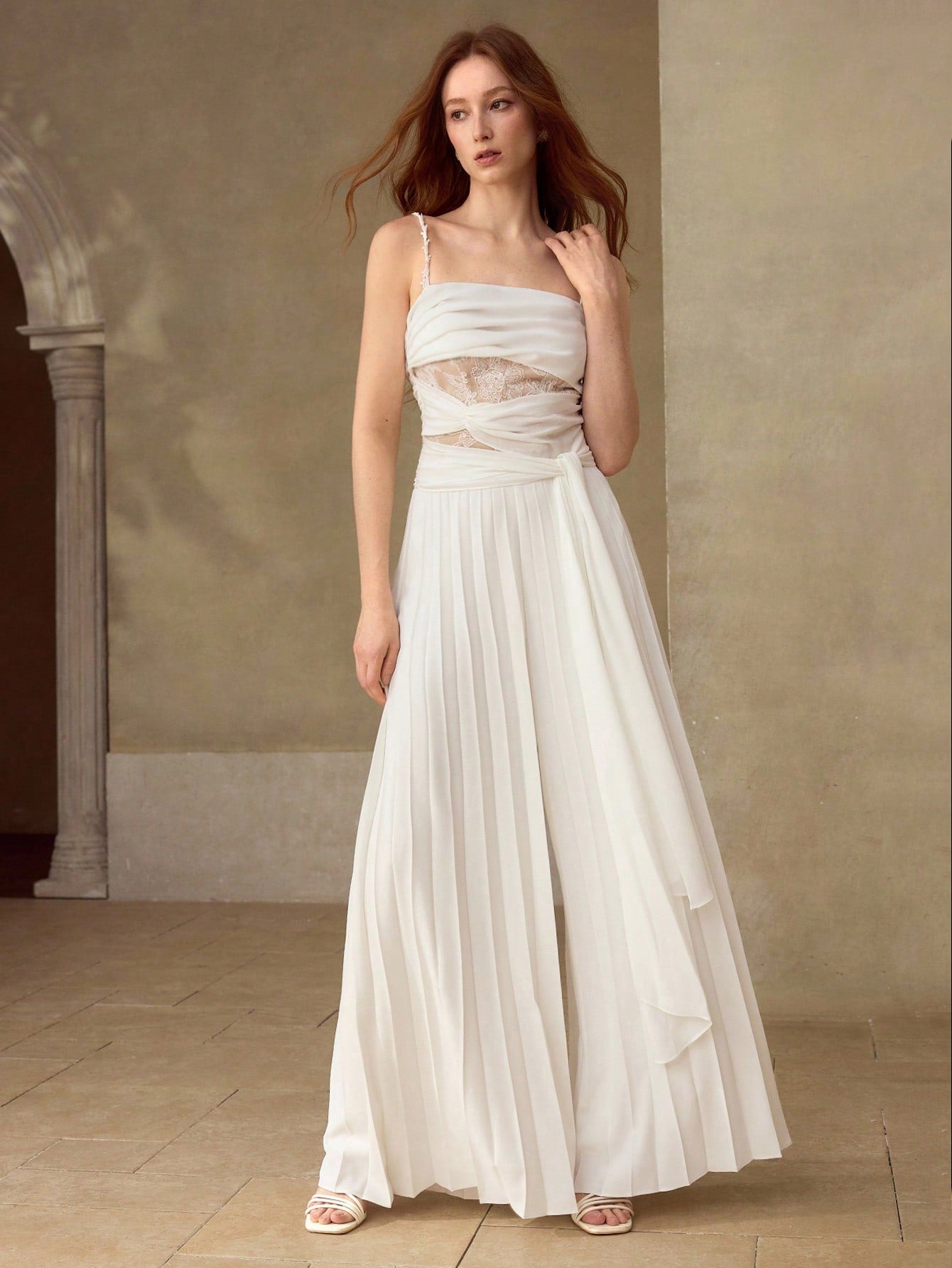 CM-JS217351 Women Elegant Seoul Style Contrats Delicate Lace Fold Pleated Flowy Tie Up Wide Leg Jumpsuit - White