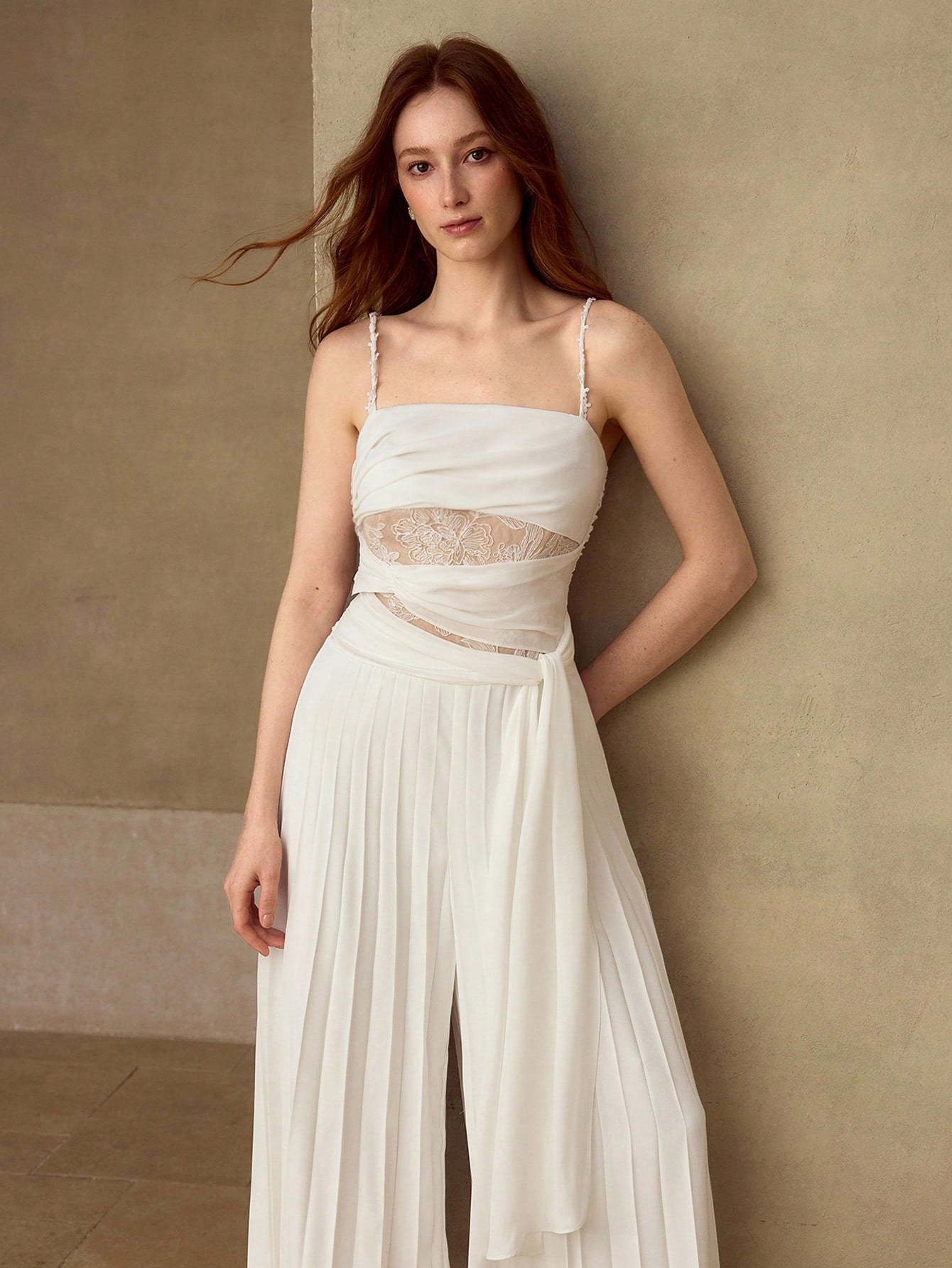 CM-JS217351 Women Elegant Seoul Style Contrats Delicate Lace Fold Pleated Flowy Tie Up Wide Leg Jumpsuit - White
