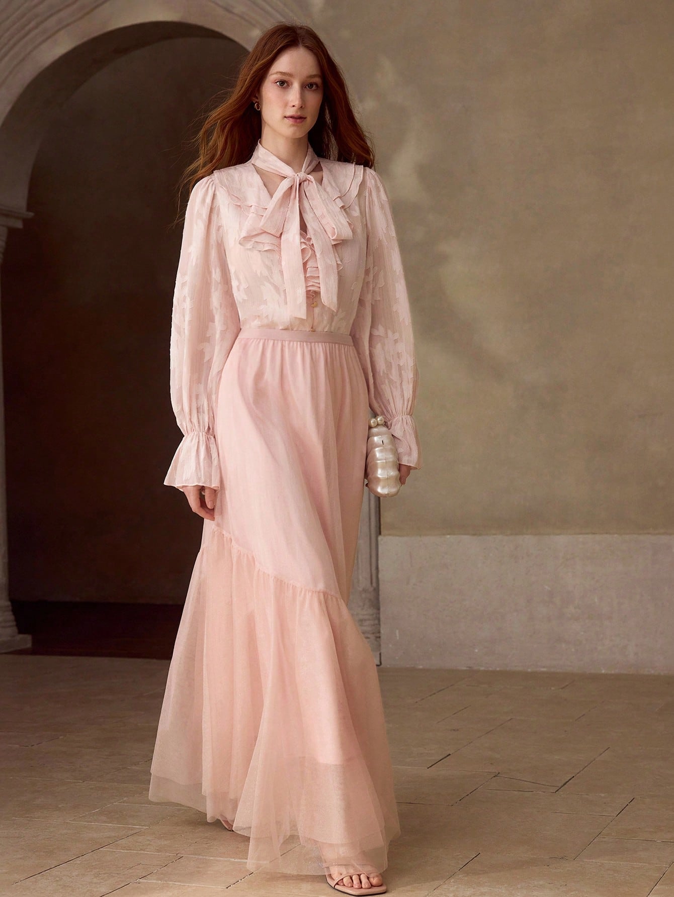 CM-BS547002 Women Elegant Seoul Style Mid Waist Asymmetric Mesh Patchwork Mermaid Skirt - Pink