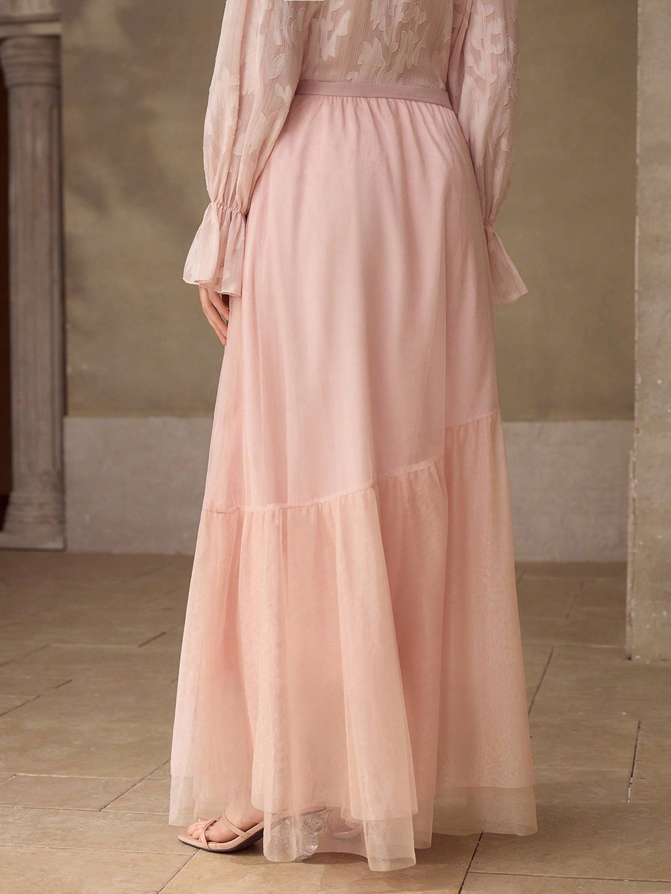 CM-BS547002 Women Elegant Seoul Style Mid Waist Asymmetric Mesh Patchwork Mermaid Skirt - Pink