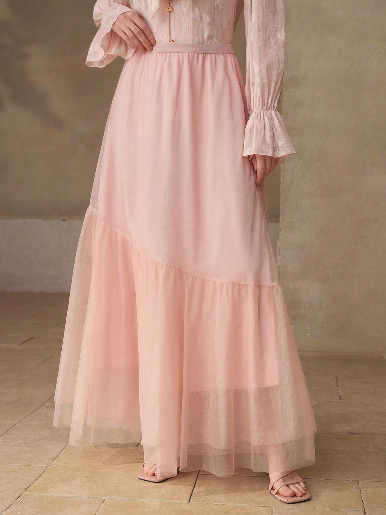CM-BS547002 Women Elegant Seoul Style Mid Waist Asymmetric Mesh Patchwork Mermaid Skirt - Pink