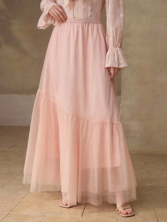 CM-BS547002 Women Elegant Seoul Style Mid Waist Asymmetric Mesh Patchwork Mermaid Skirt - Pink