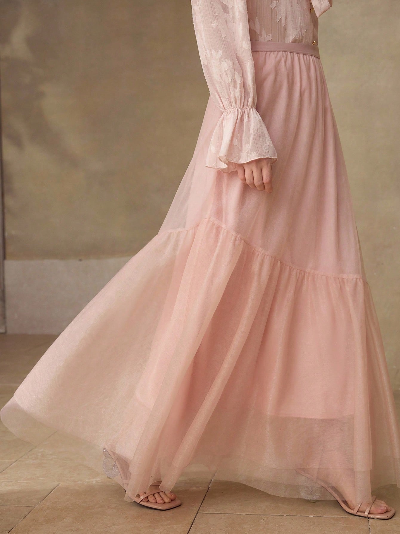 CM-BS547002 Women Elegant Seoul Style Mid Waist Asymmetric Mesh Patchwork Mermaid Skirt - Pink