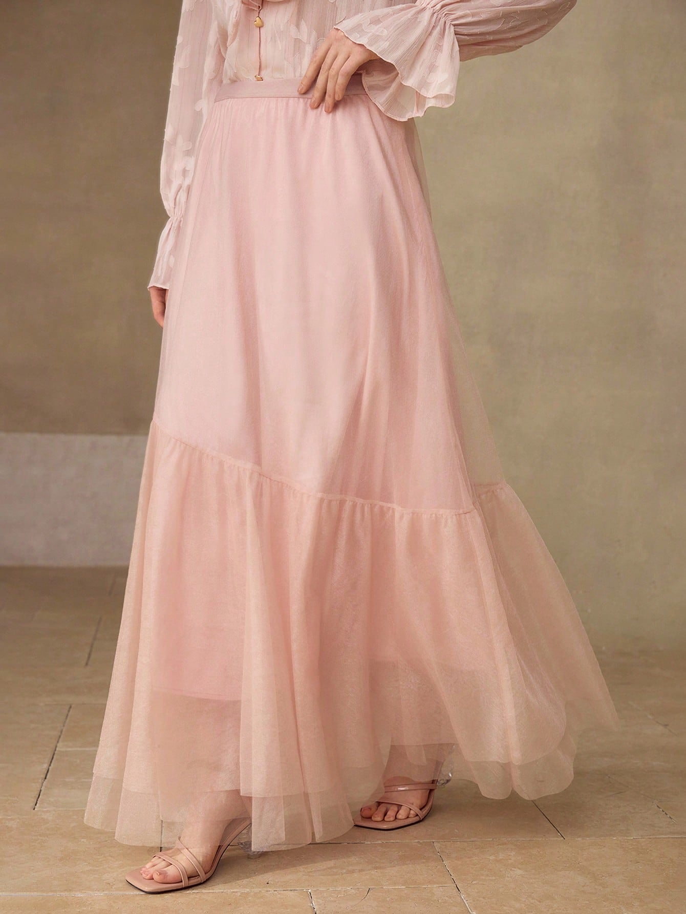 CM-BS547002 Women Elegant Seoul Style Mid Waist Asymmetric Mesh Patchwork Mermaid Skirt - Pink