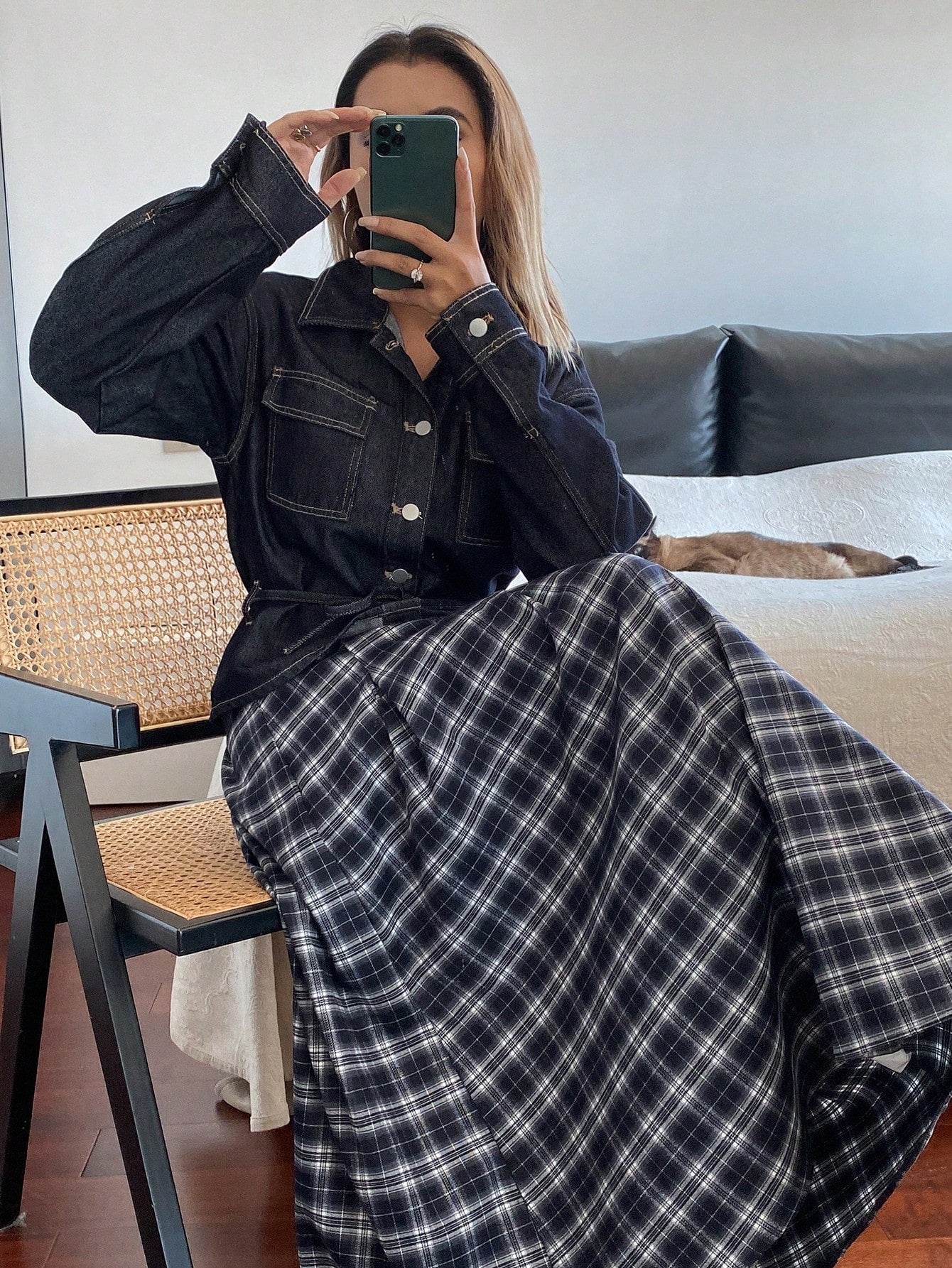 CM-SS146123 Women Casual Seoul Style Long Sleeve Single-Breasted Pocket Denim Jacket With Plaid Skirt - Set