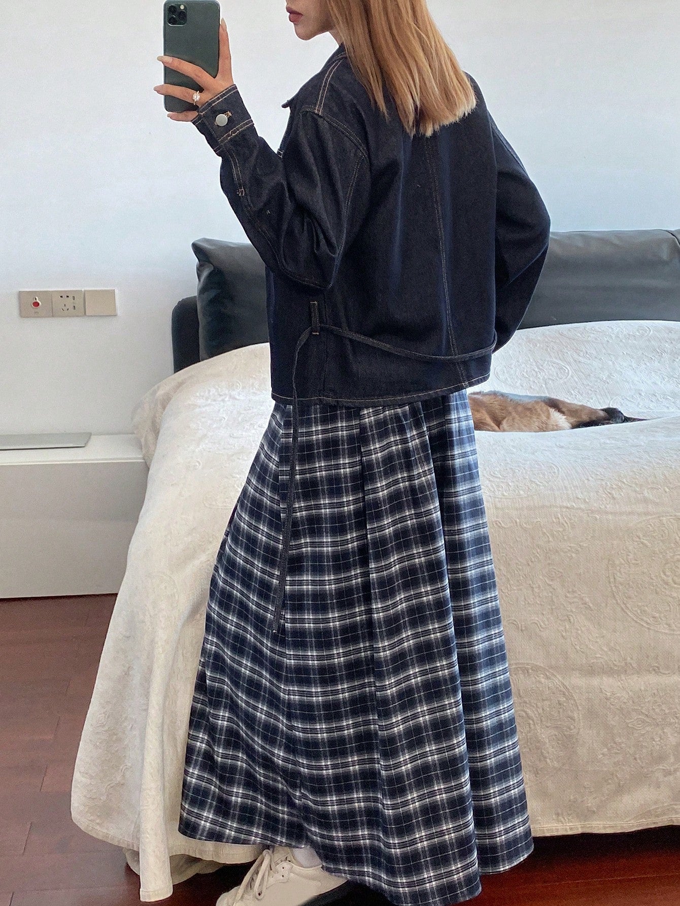 CM-SS146123 Women Casual Seoul Style Long Sleeve Single-Breasted Pocket Denim Jacket With Plaid Skirt - Set