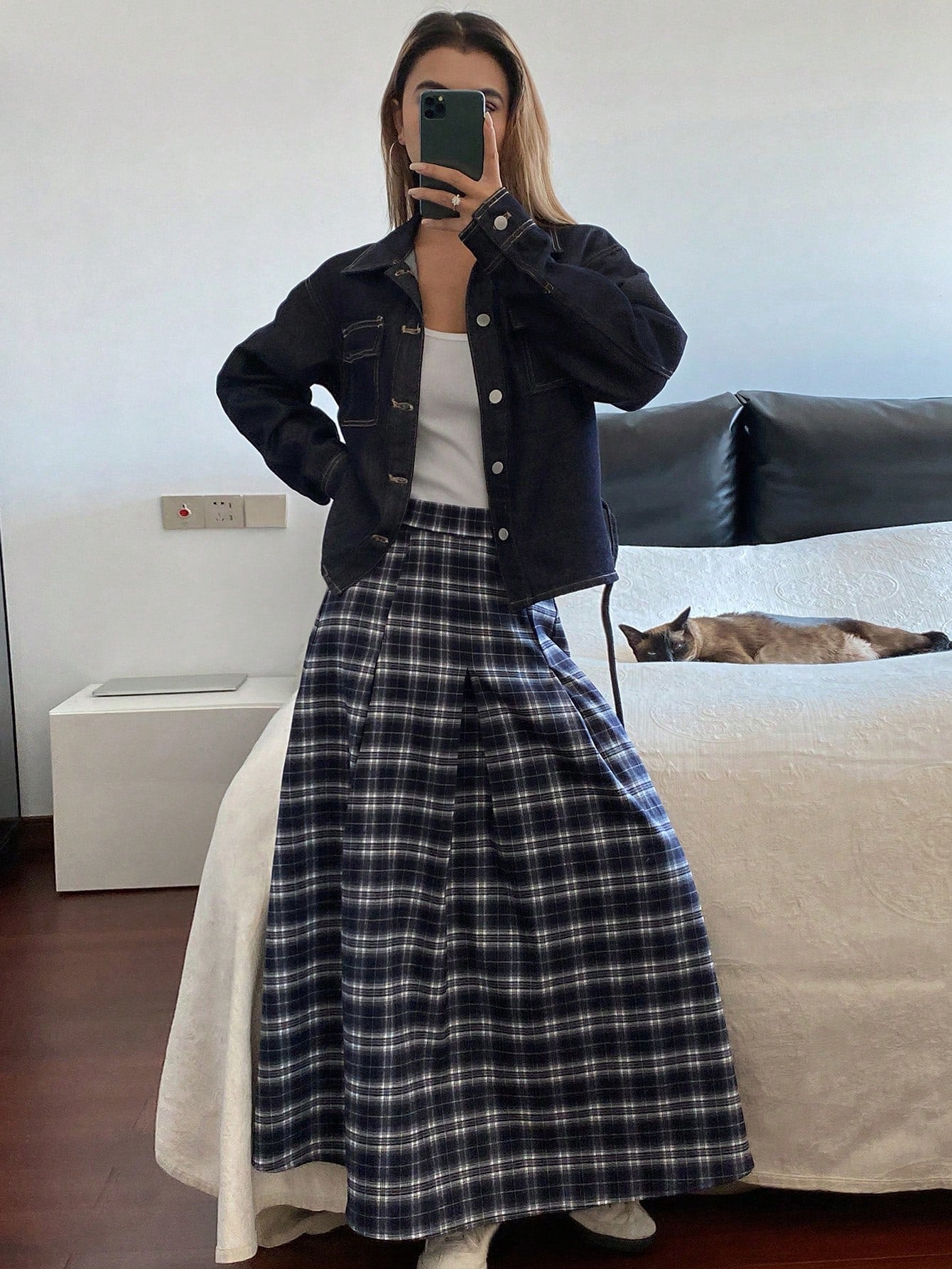CM-SS146123 Women Casual Seoul Style Long Sleeve Single-Breasted Pocket Denim Jacket With Plaid Skirt - Set