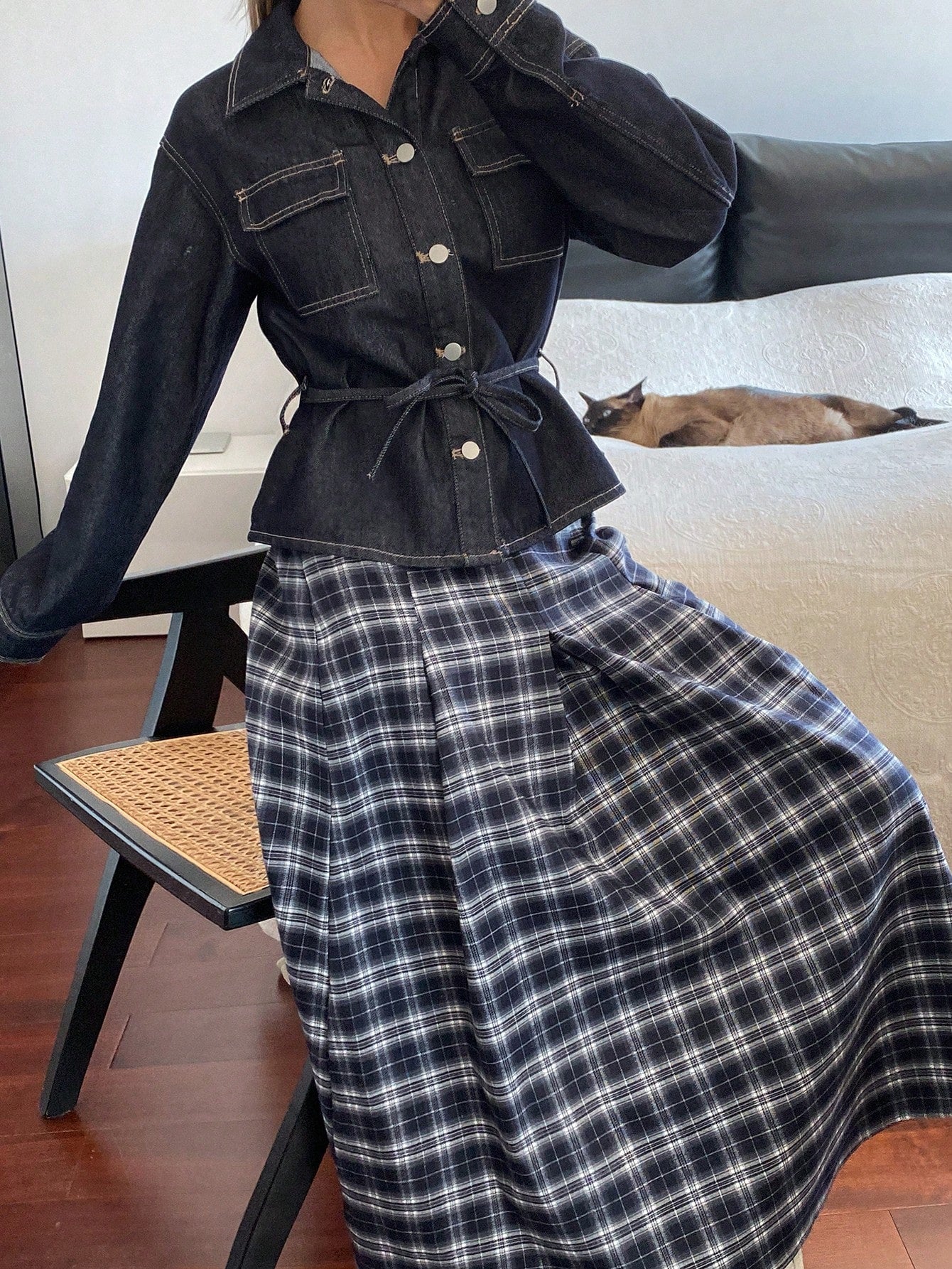 CM-SS146123 Women Casual Seoul Style Long Sleeve Single-Breasted Pocket Denim Jacket With Plaid Skirt - Set