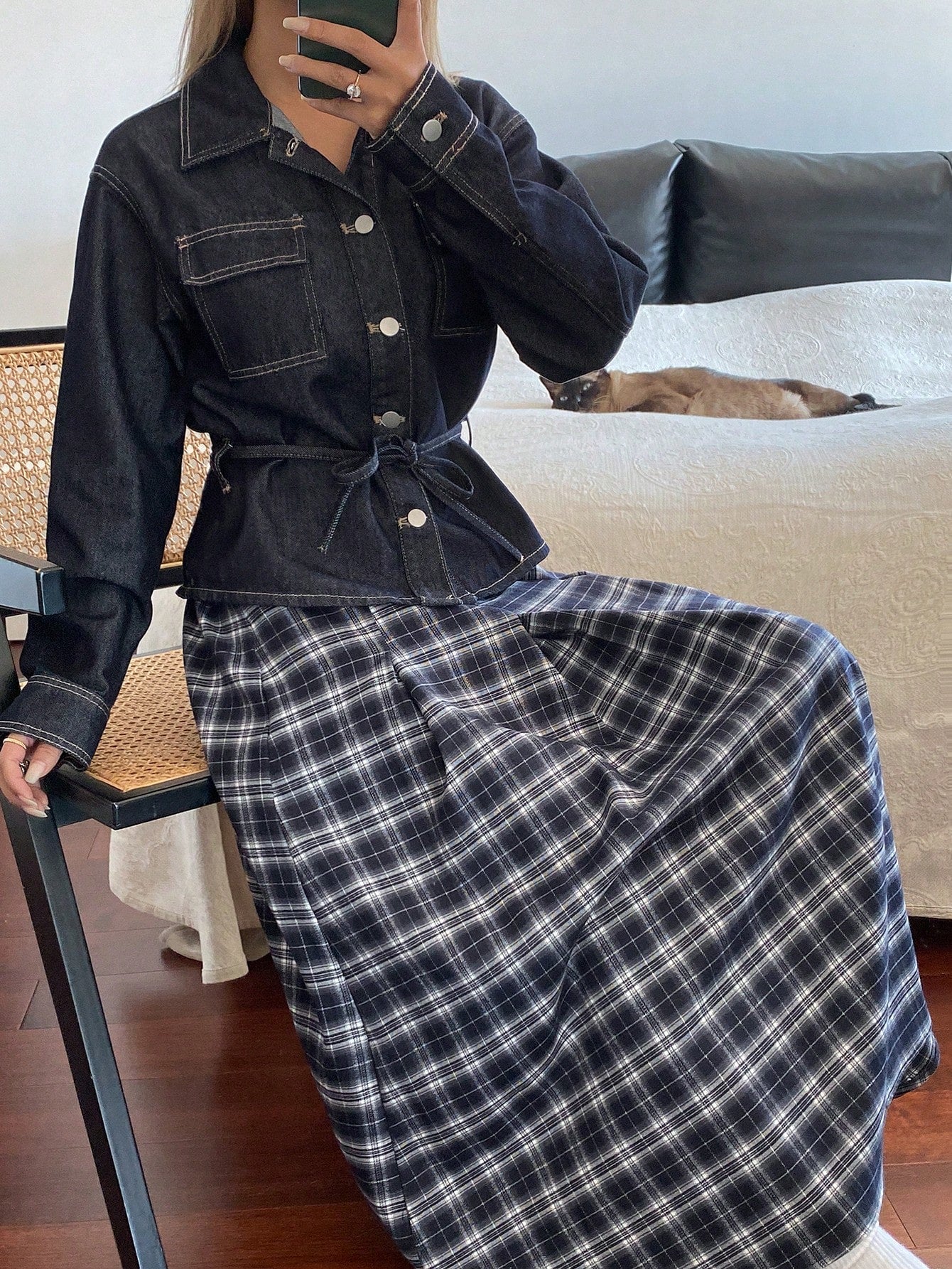 CM-SS146123 Women Casual Seoul Style Long Sleeve Single-Breasted Pocket Denim Jacket With Plaid Skirt - Set