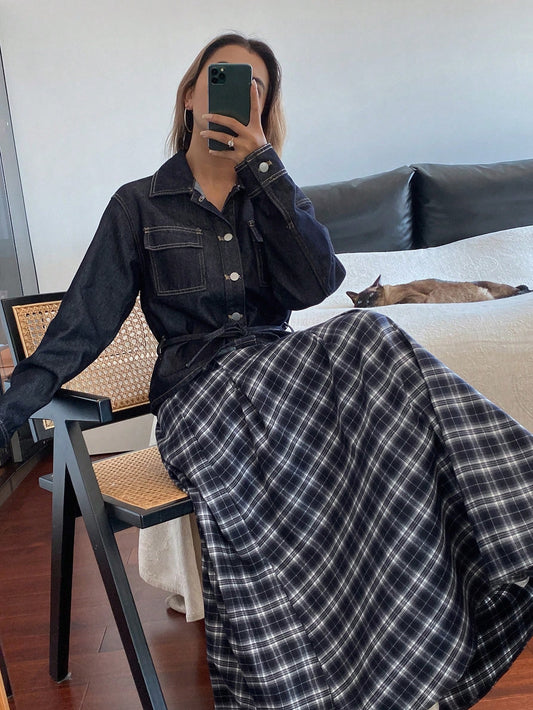 CM-SS146123 Women Casual Seoul Style Long Sleeve Single-Breasted Pocket Denim Jacket With Plaid Skirt - Set