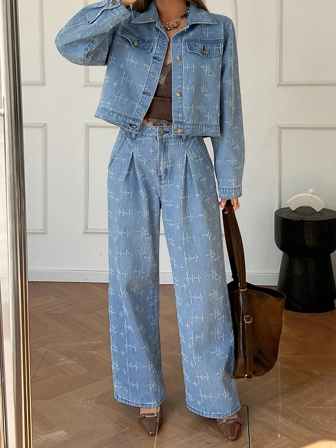 CM-SS333144 Women Casual Seoul Style Collar Neckline Long Sleeve Pleated Loose Straight Denim Jacket With Pants - Set