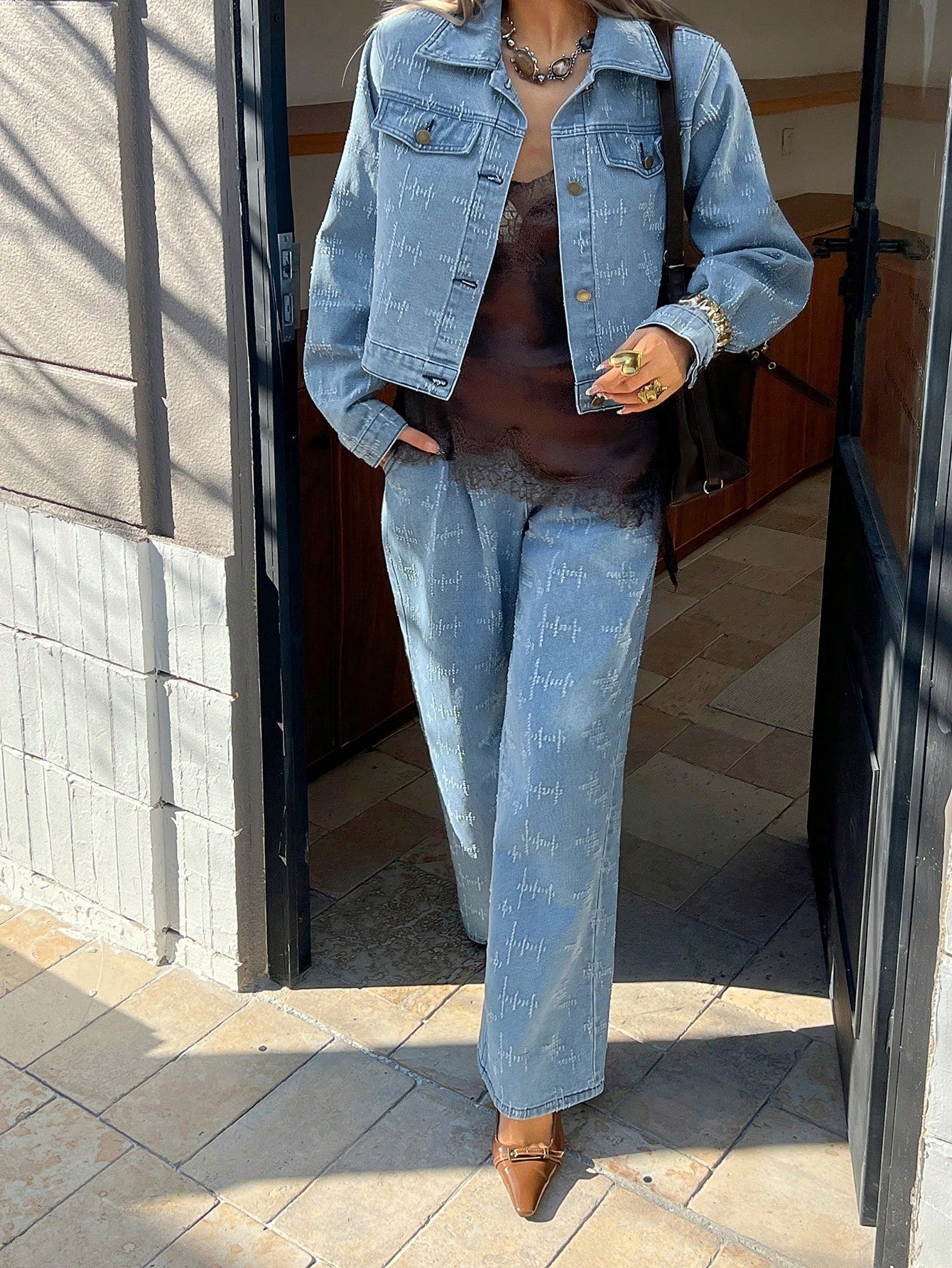 CM-SS333144 Women Casual Seoul Style Collar Neckline Long Sleeve Pleated Loose Straight Denim Jacket With Pants - Set