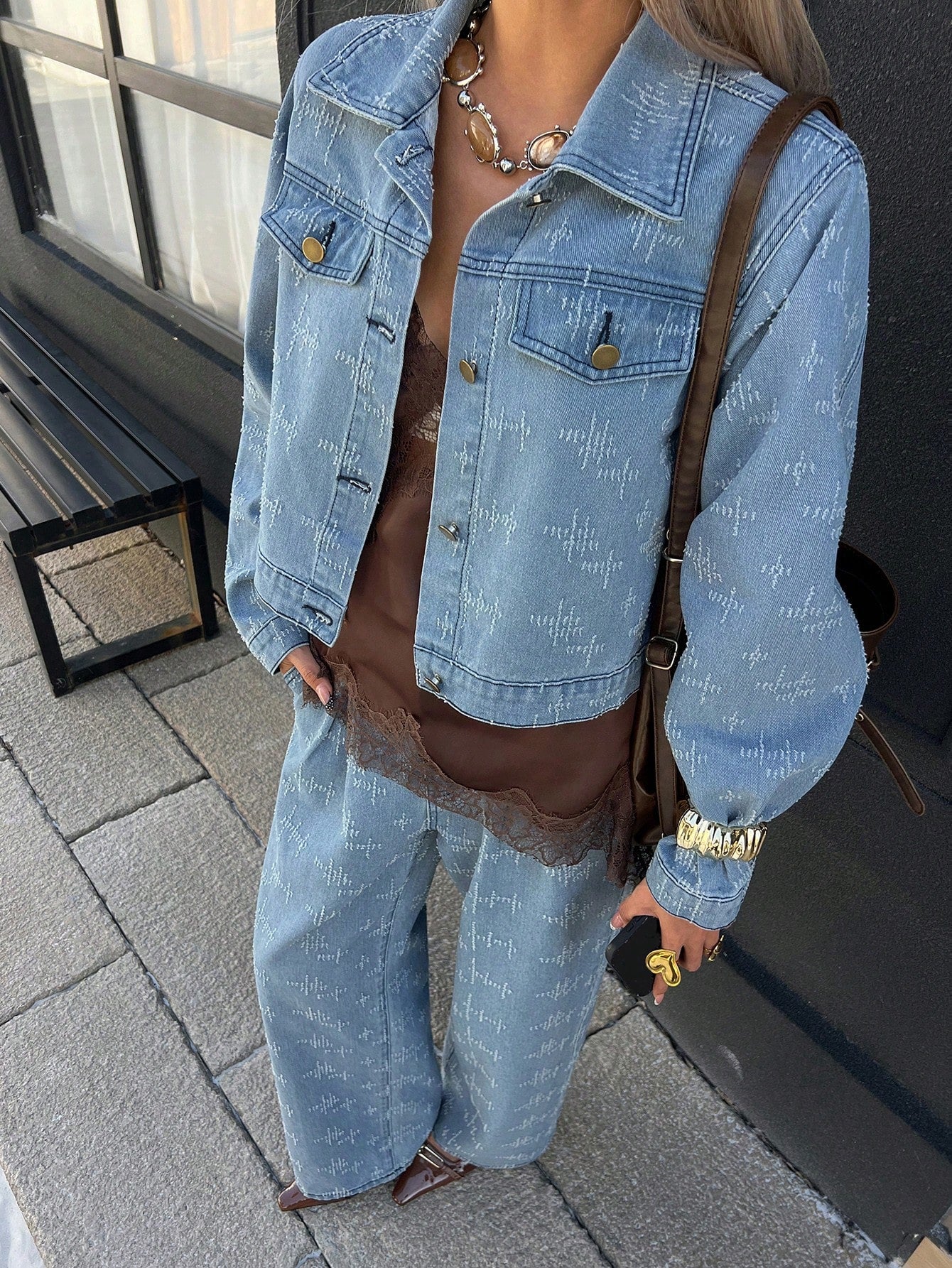CM-SS333144 Women Casual Seoul Style Collar Neckline Long Sleeve Pleated Loose Straight Denim Jacket With Pants - Set