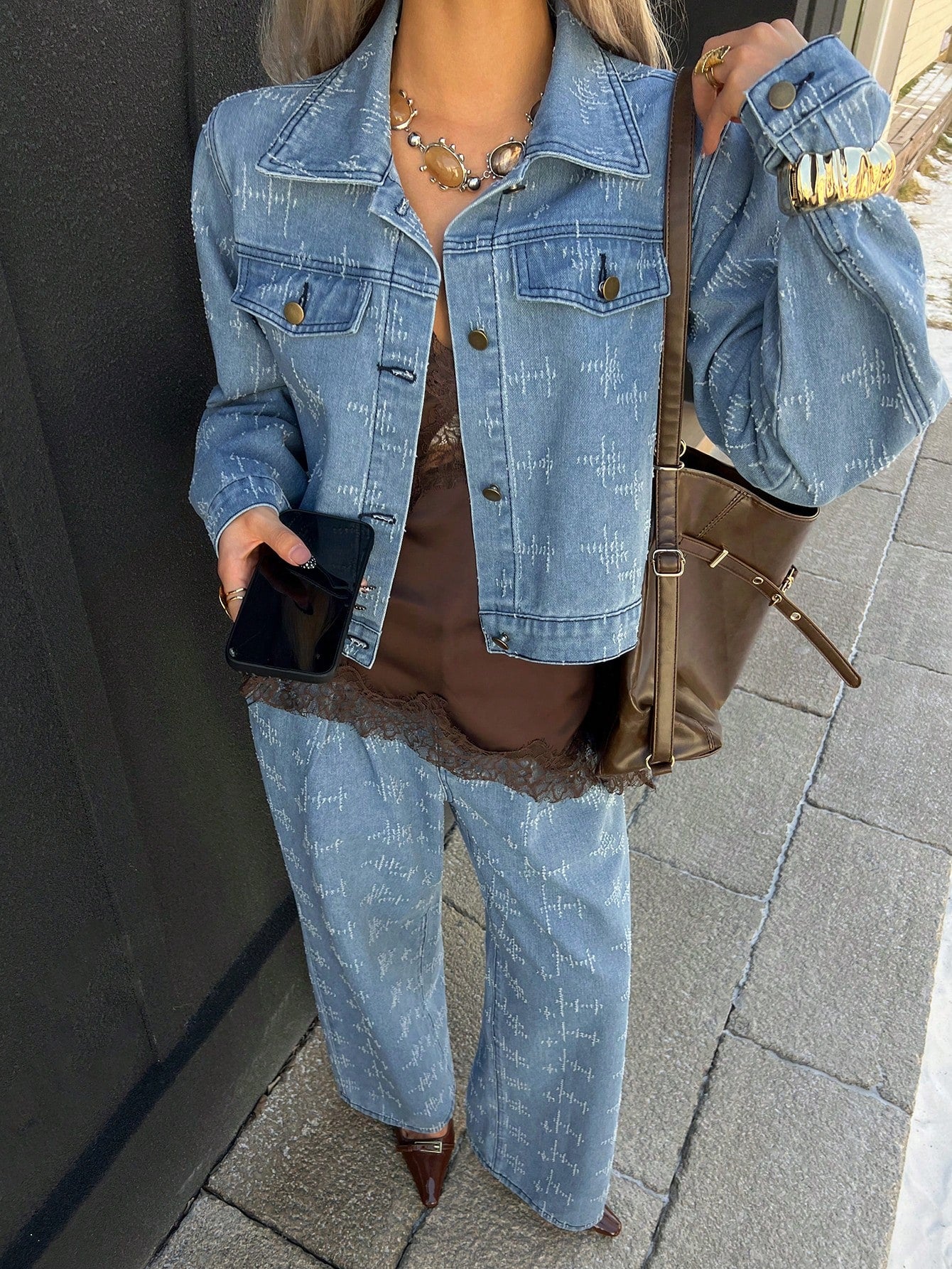 CM-SS333144 Women Casual Seoul Style Collar Neckline Long Sleeve Pleated Loose Straight Denim Jacket With Pants - Set