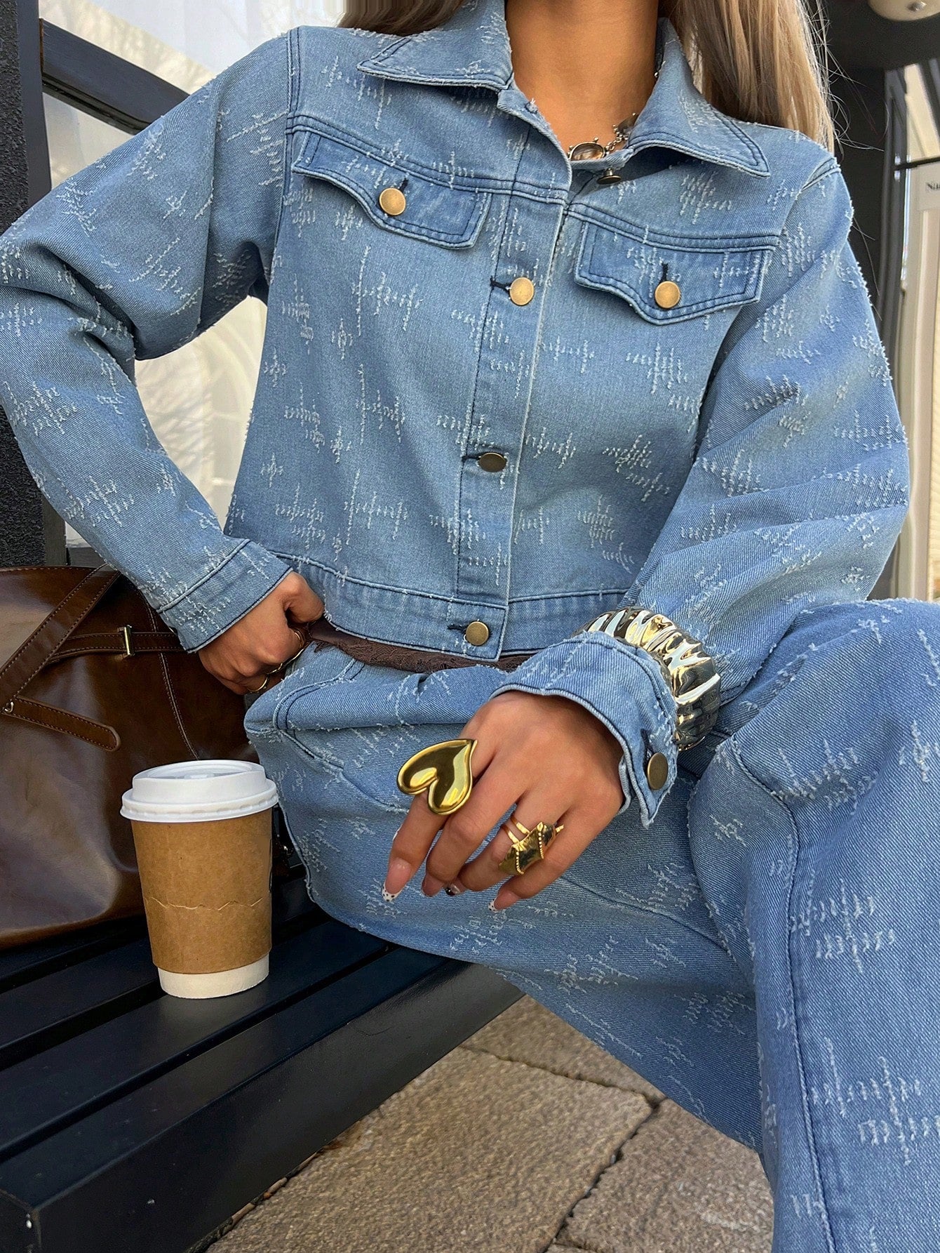 CM-SS333144 Women Casual Seoul Style Collar Neckline Long Sleeve Pleated Loose Straight Denim Jacket With Pants - Set