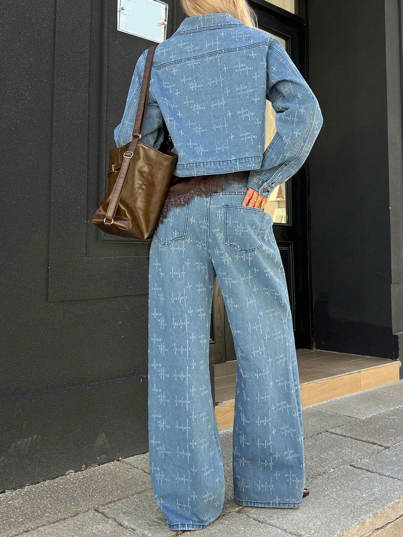 CM-SS333144 Women Casual Seoul Style Collar Neckline Long Sleeve Pleated Loose Straight Denim Jacket With Pants - Set