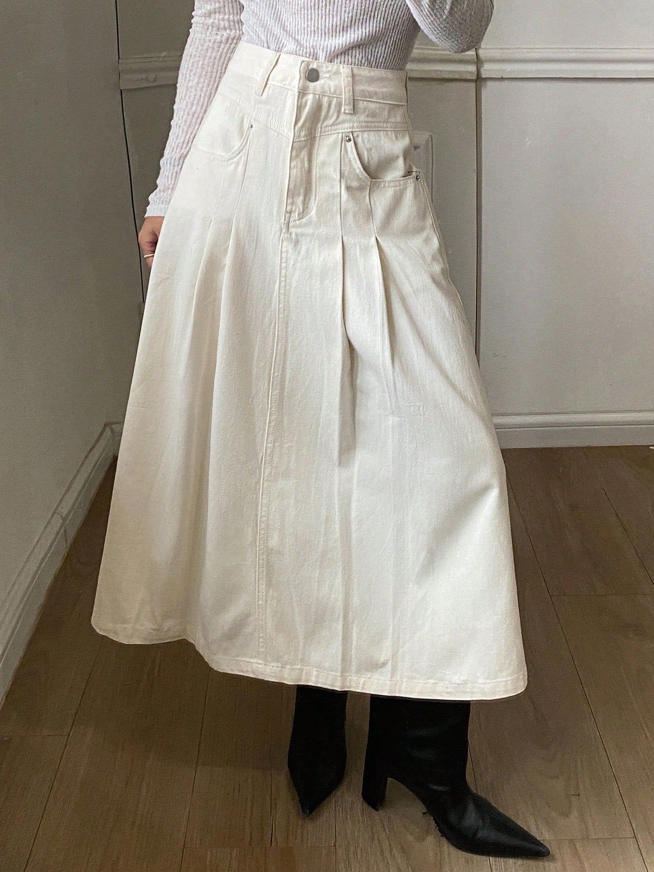 CM-BS087663 Women Casual Seoul Style Solid Color Pleated A-Line Denim Skirt - Beige