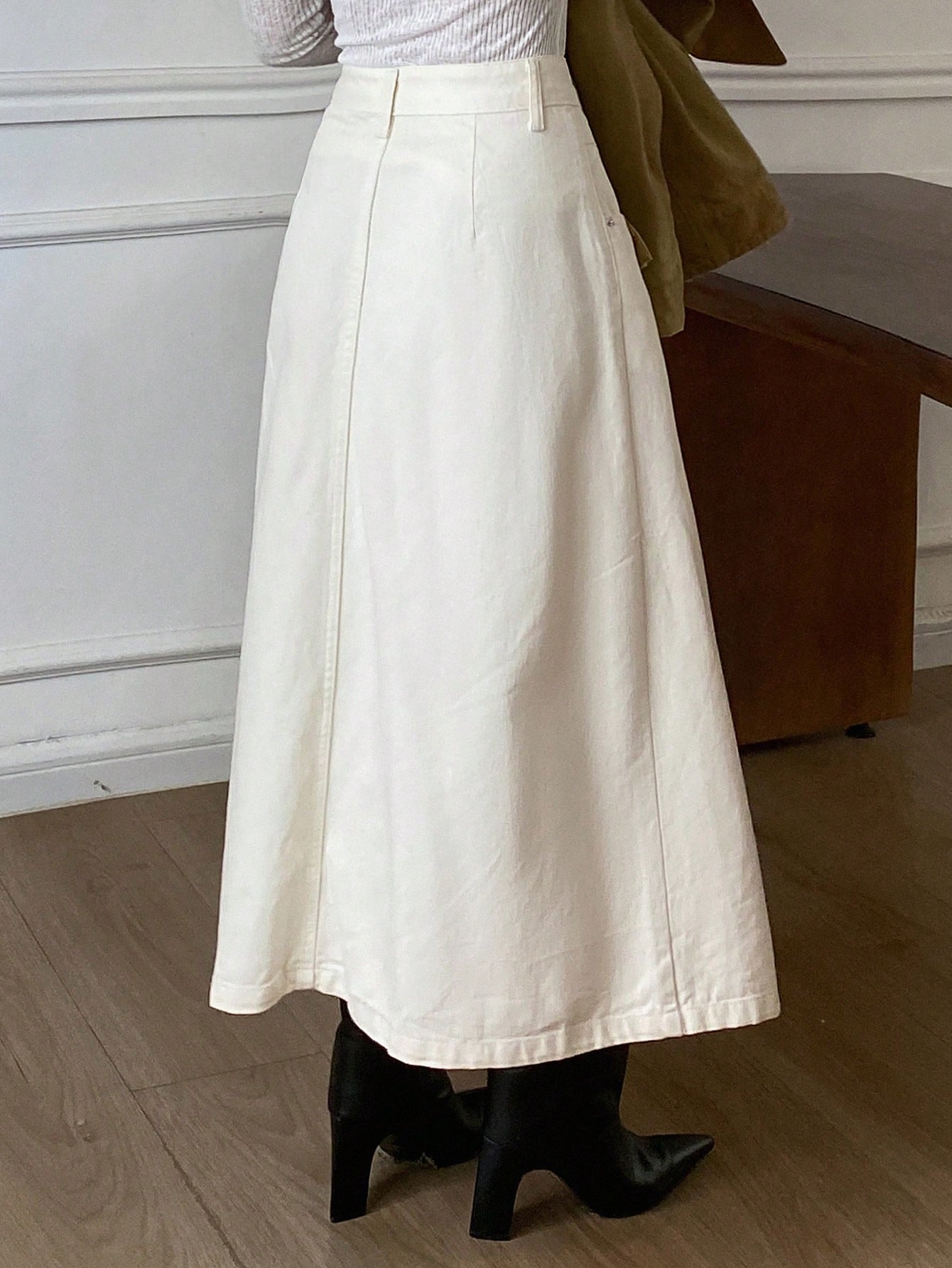 CM-BS087663 Women Casual Seoul Style Solid Color Pleated A-Line Denim Skirt - Beige