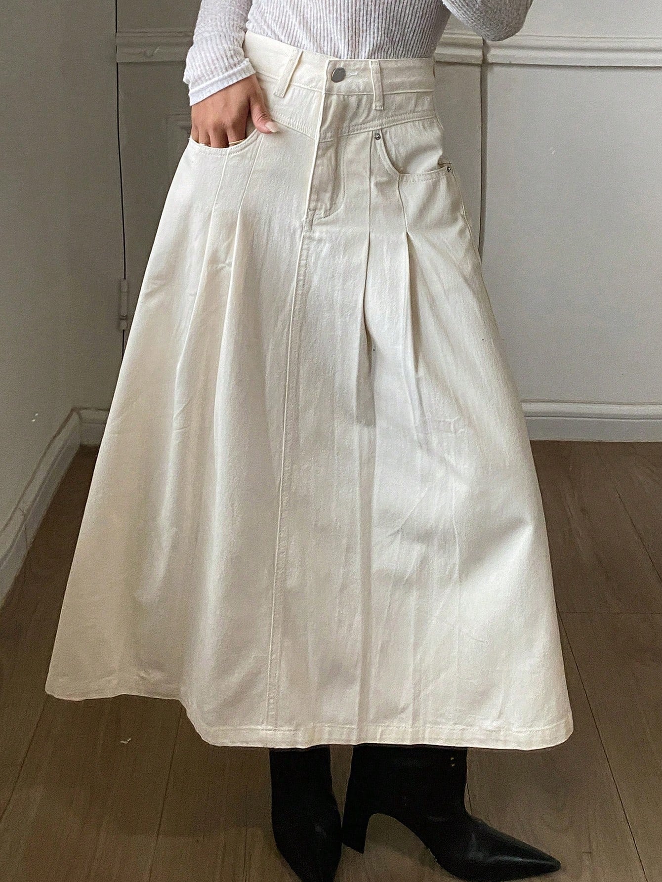 CM-BS087663 Women Casual Seoul Style Solid Color Pleated A-Line Denim Skirt - Beige