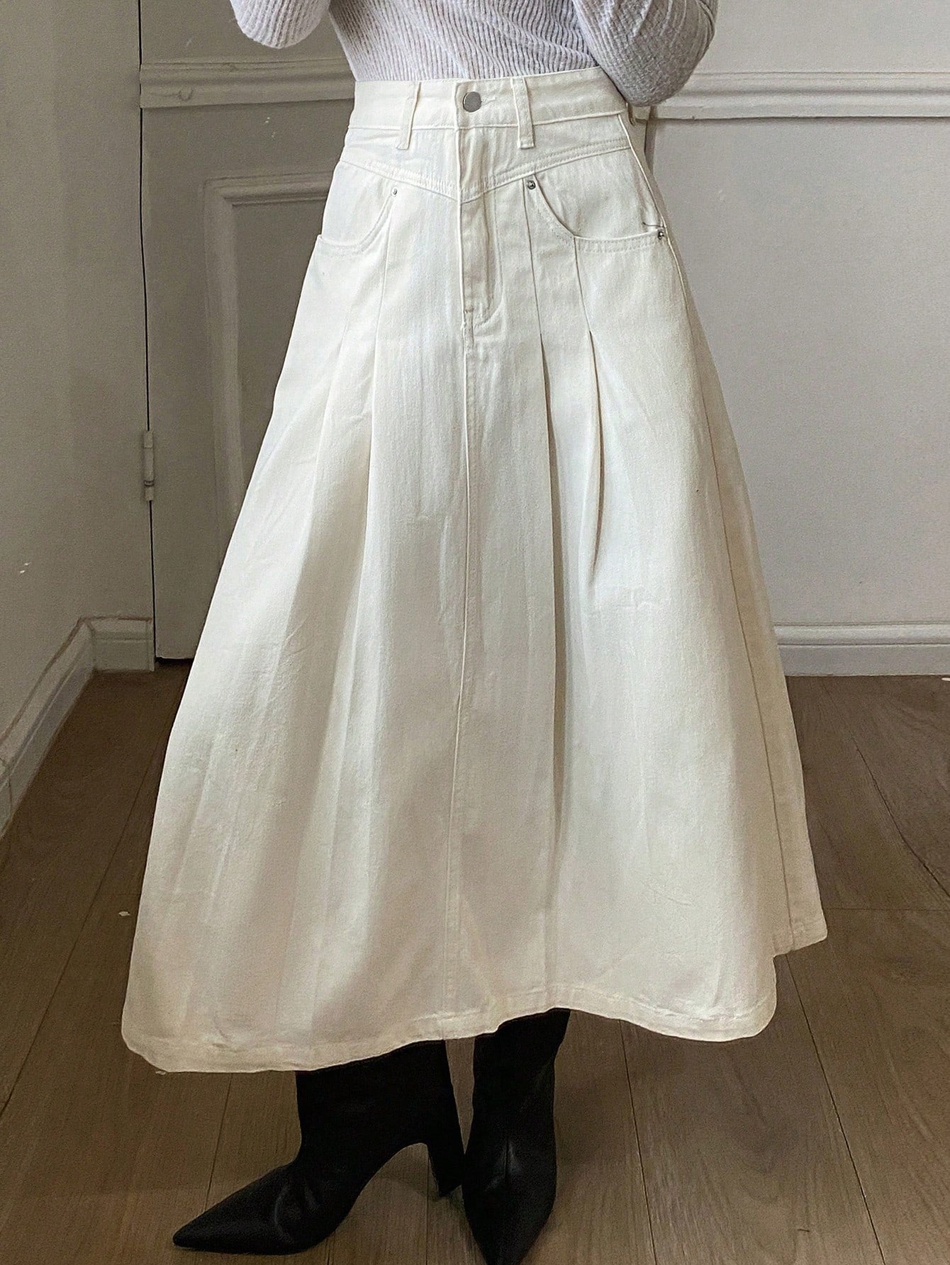 CM-BS087663 Women Casual Seoul Style Solid Color Pleated A-Line Denim Skirt - Beige