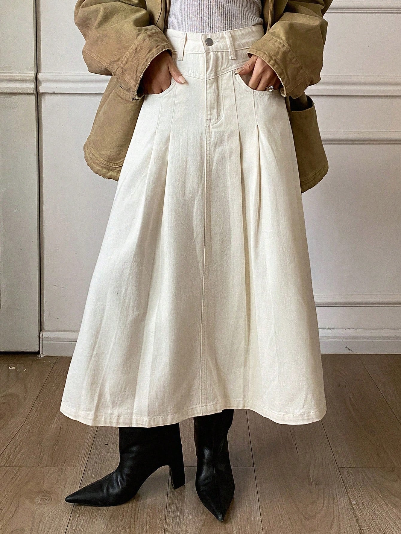 CM-BS087663 Women Casual Seoul Style Solid Color Pleated A-Line Denim Skirt - Beige