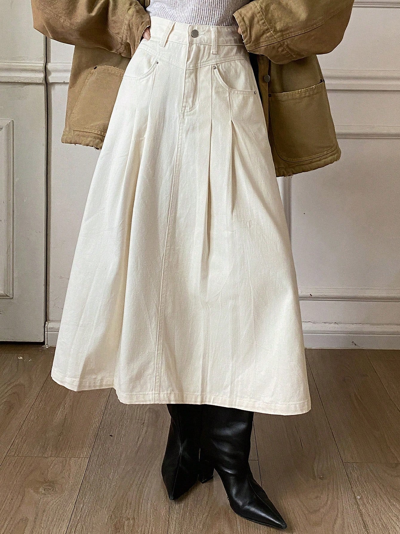 CM-BS087663 Women Casual Seoul Style Solid Color Pleated A-Line Denim Skirt - Beige