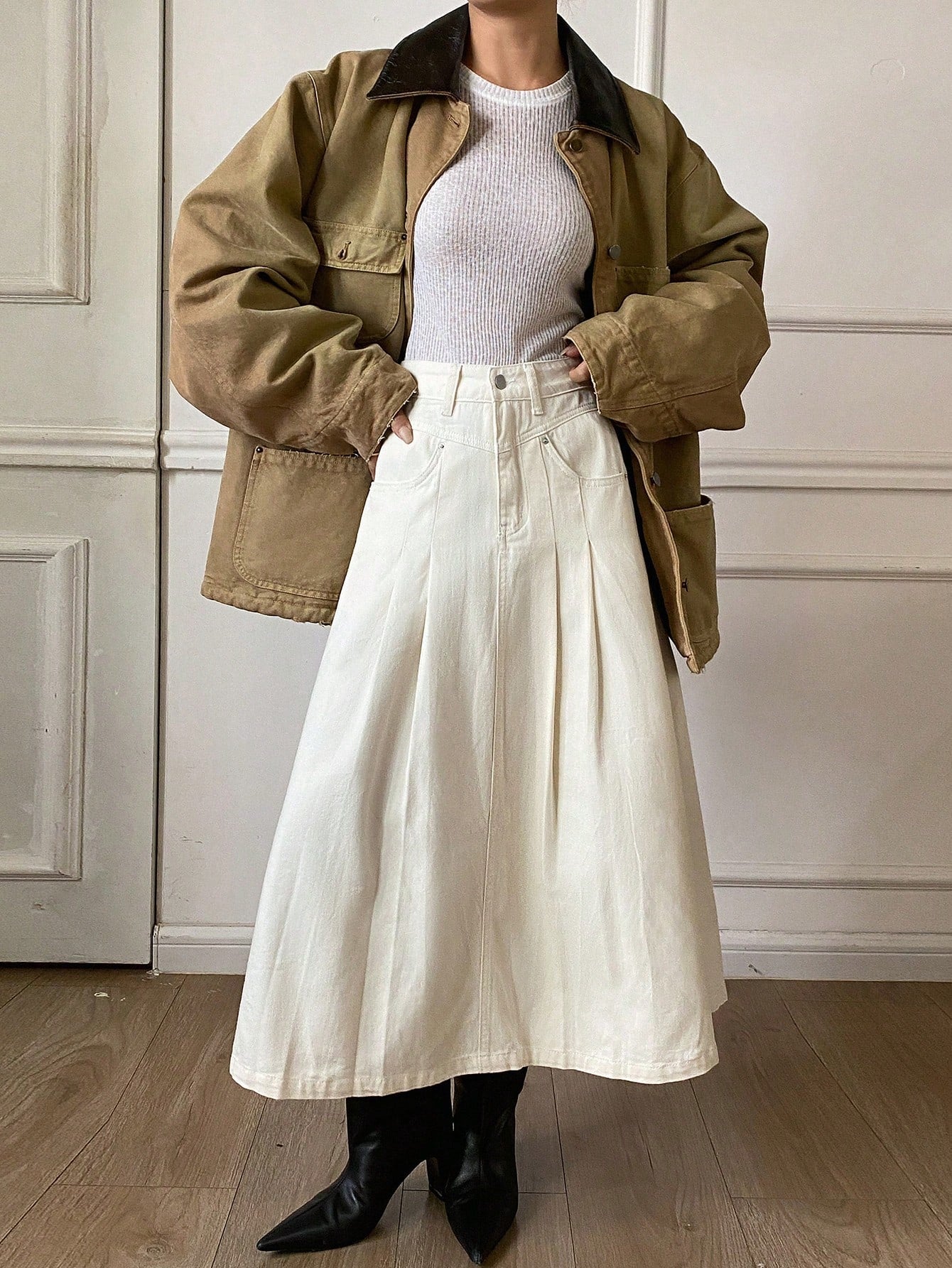 CM-BS087663 Women Casual Seoul Style Solid Color Pleated A-Line Denim Skirt - Beige