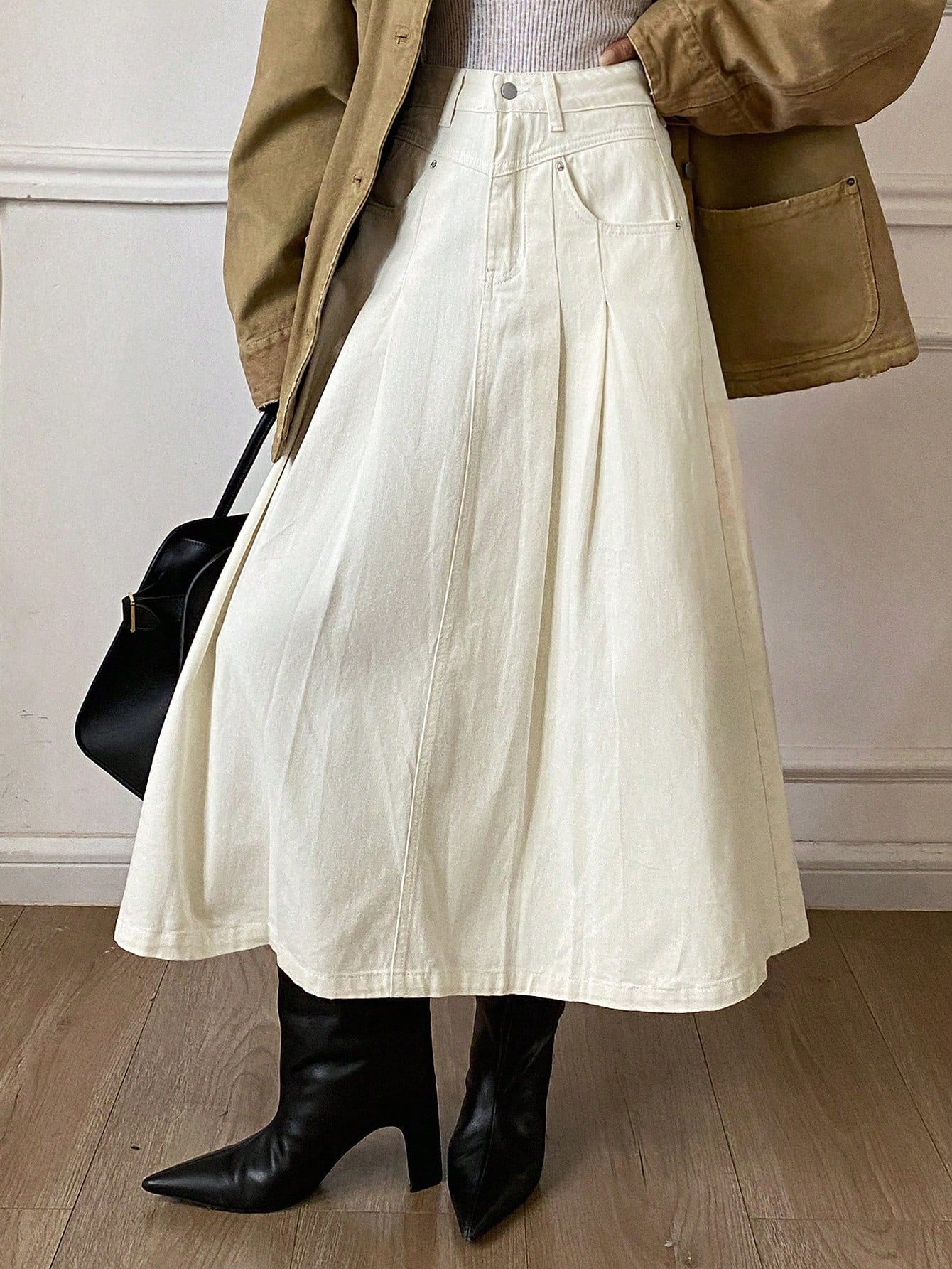 CM-BS087663 Women Casual Seoul Style Solid Color Pleated A-Line Denim Skirt - Beige