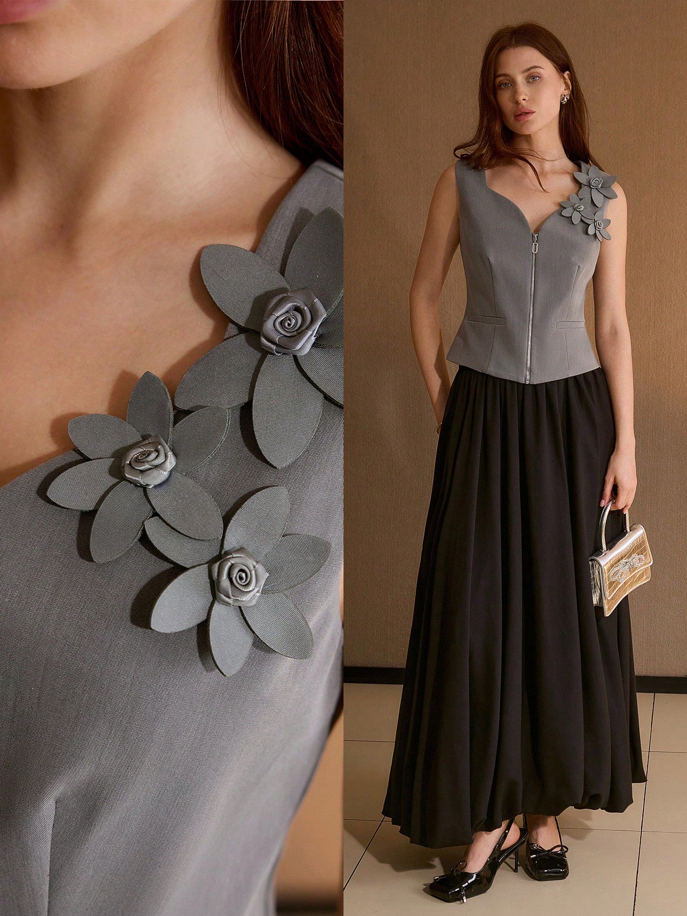 CM-TS229910 Women Elegant Seoul Style Sweetheart Neckline Sleeveless Floral Appliques Zip Up Top - Gray