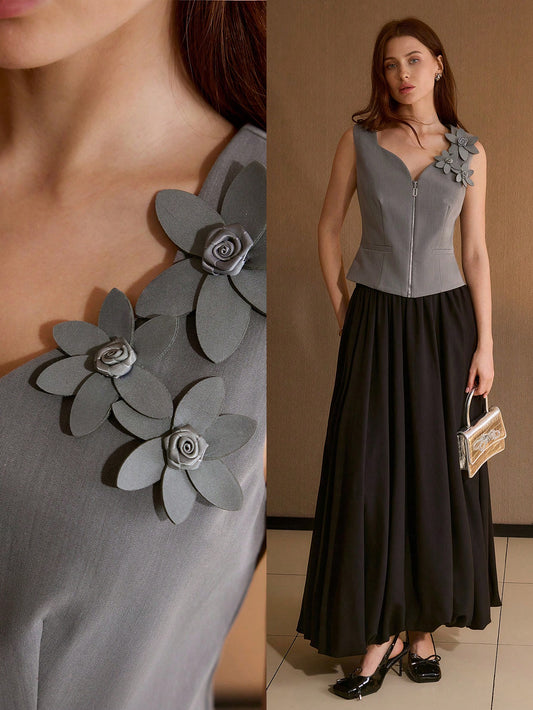 CM-TS229910 Women Elegant Seoul Style Sweetheart Neckline Sleeveless Floral Appliques Zip Up Top - Gray