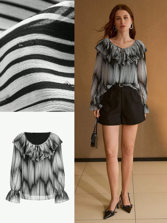 CM-TS253134 Women Elegant Seoul Style V-Neck Tie Front Flare Sleeve Two Tone Striped Print Ruffle Trim Blouse
